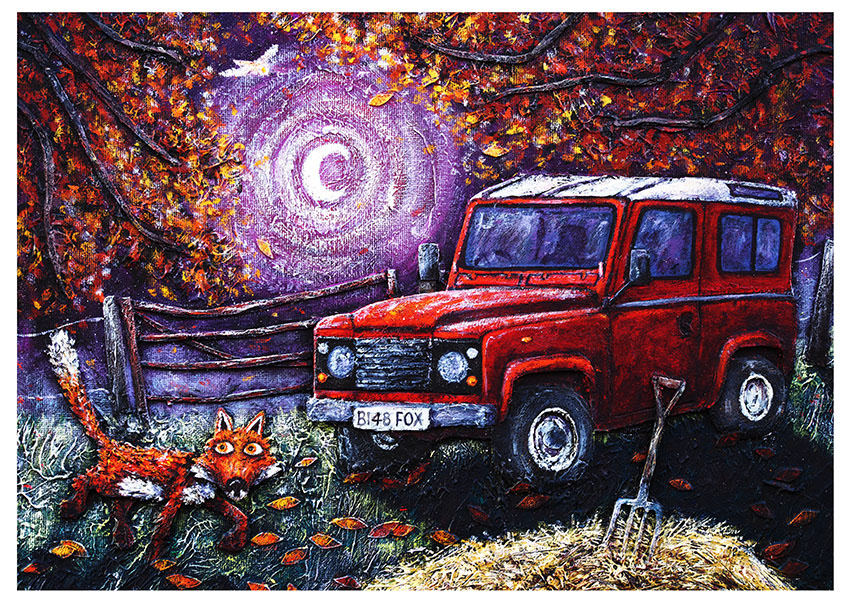 A fox walks through a field with a Land Rover parked it. It's night, an owl flys in the sky, purples and orange colours