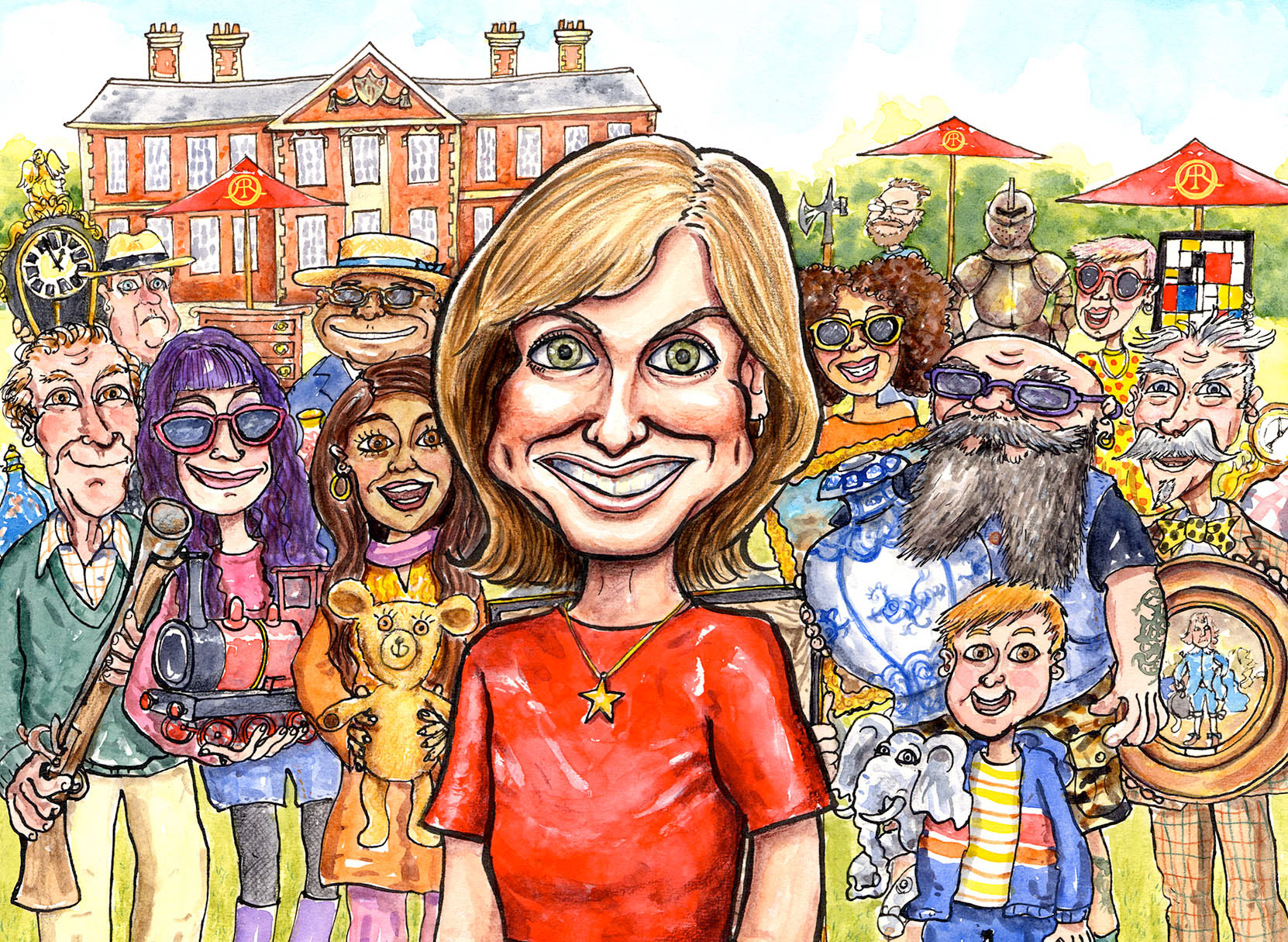Fiona Bruce presenting the Antiques Roadshow caricature