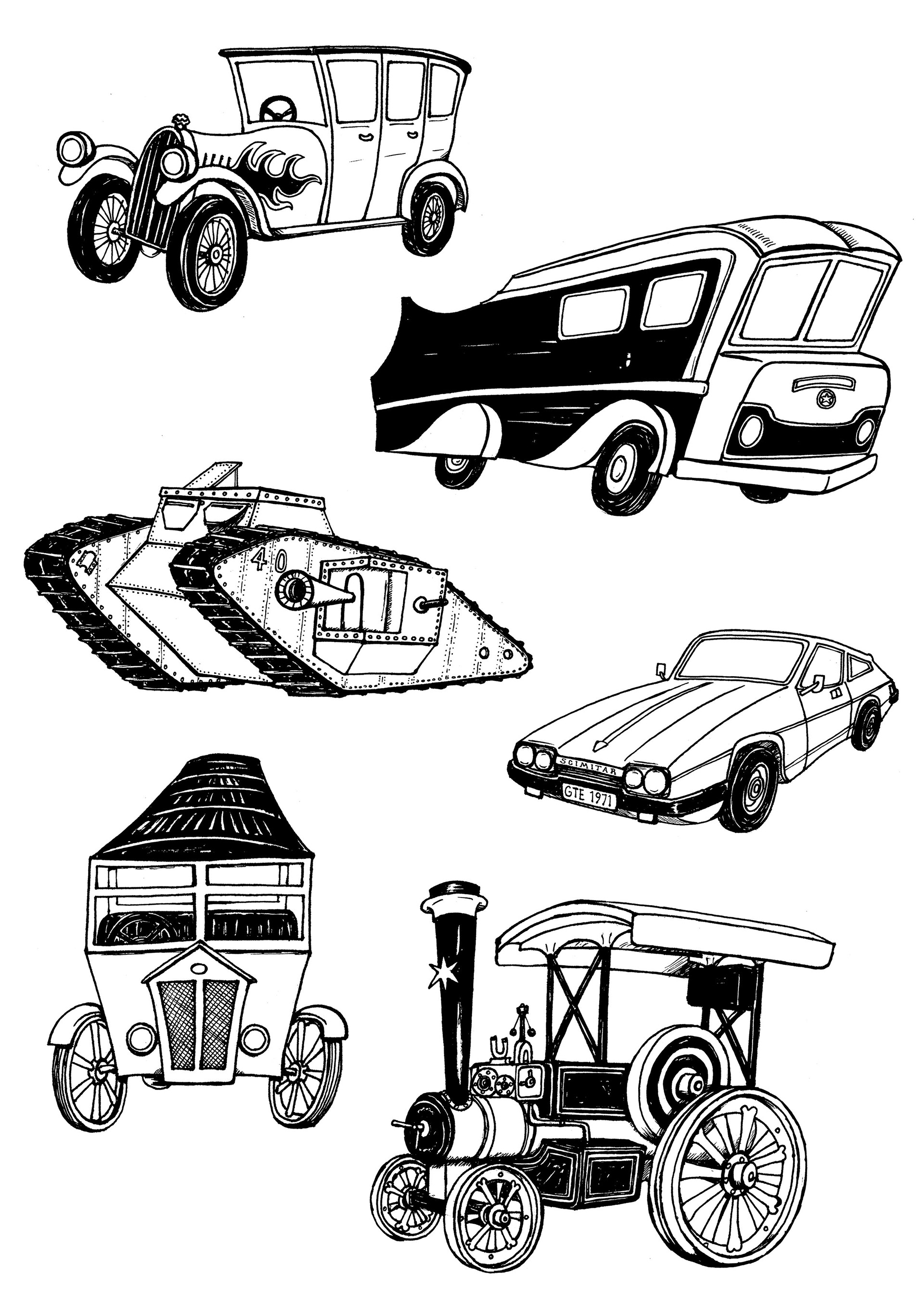 a hot rod car, a coach, a world war 1 tank, a reliant scimitar, a bus and a traction engine all drawn in ink