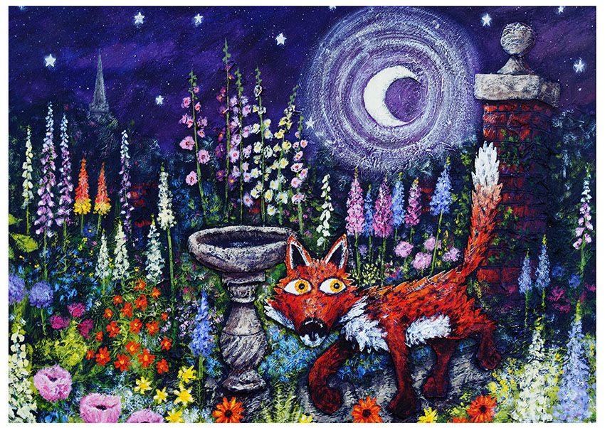 Painting of a fox walking through a garden at night