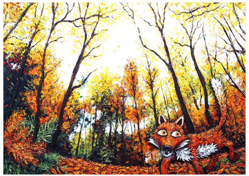 Painting of a fox in the woods in autumn, with orange and yellow leaves