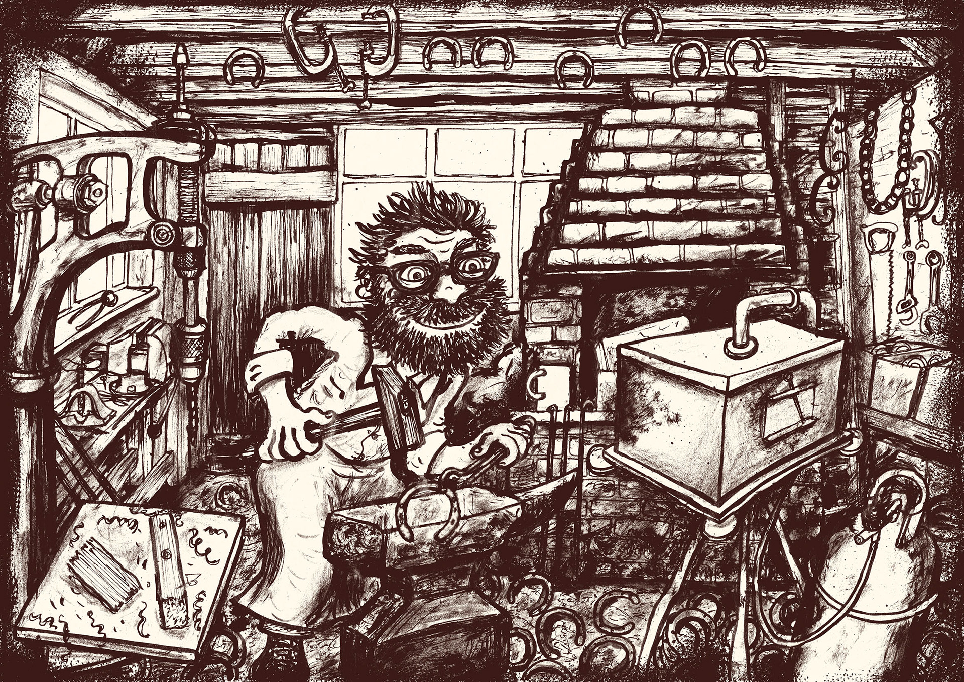 Illustration of a blacksmith at work in his forge.