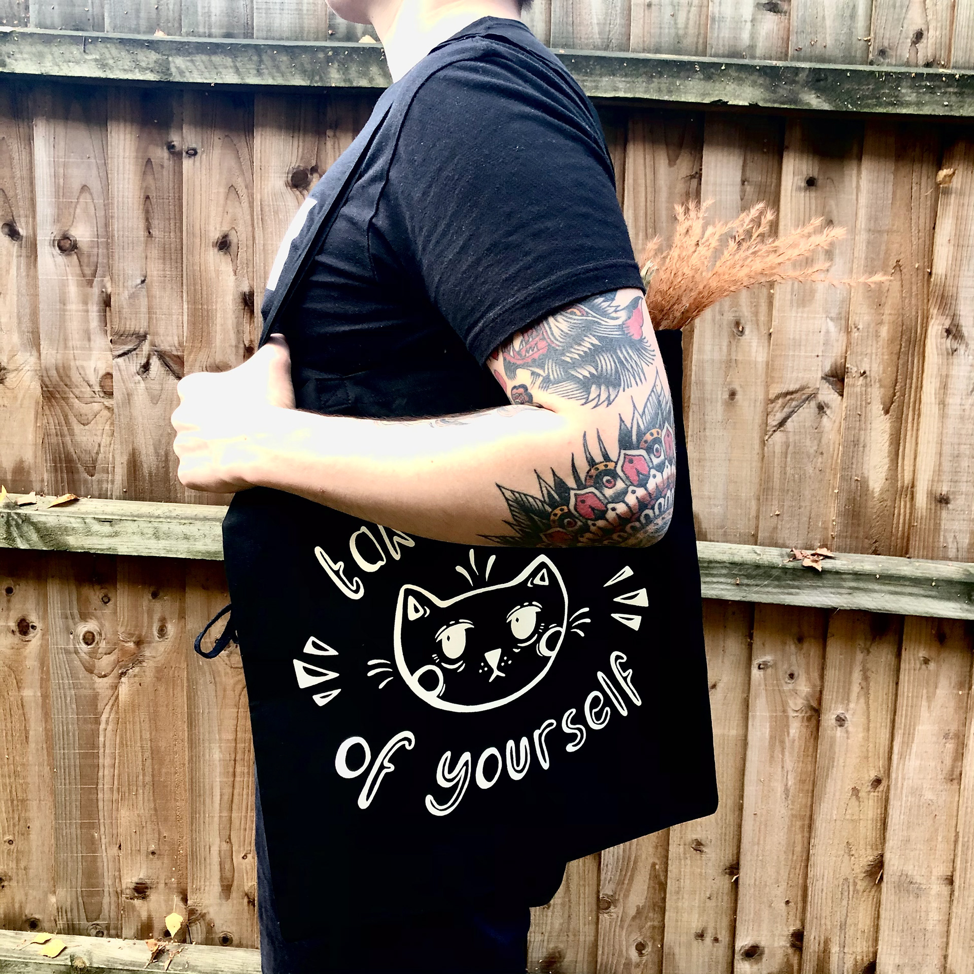 Take Care Tote Bag. Off-white ink screen-printed on black.