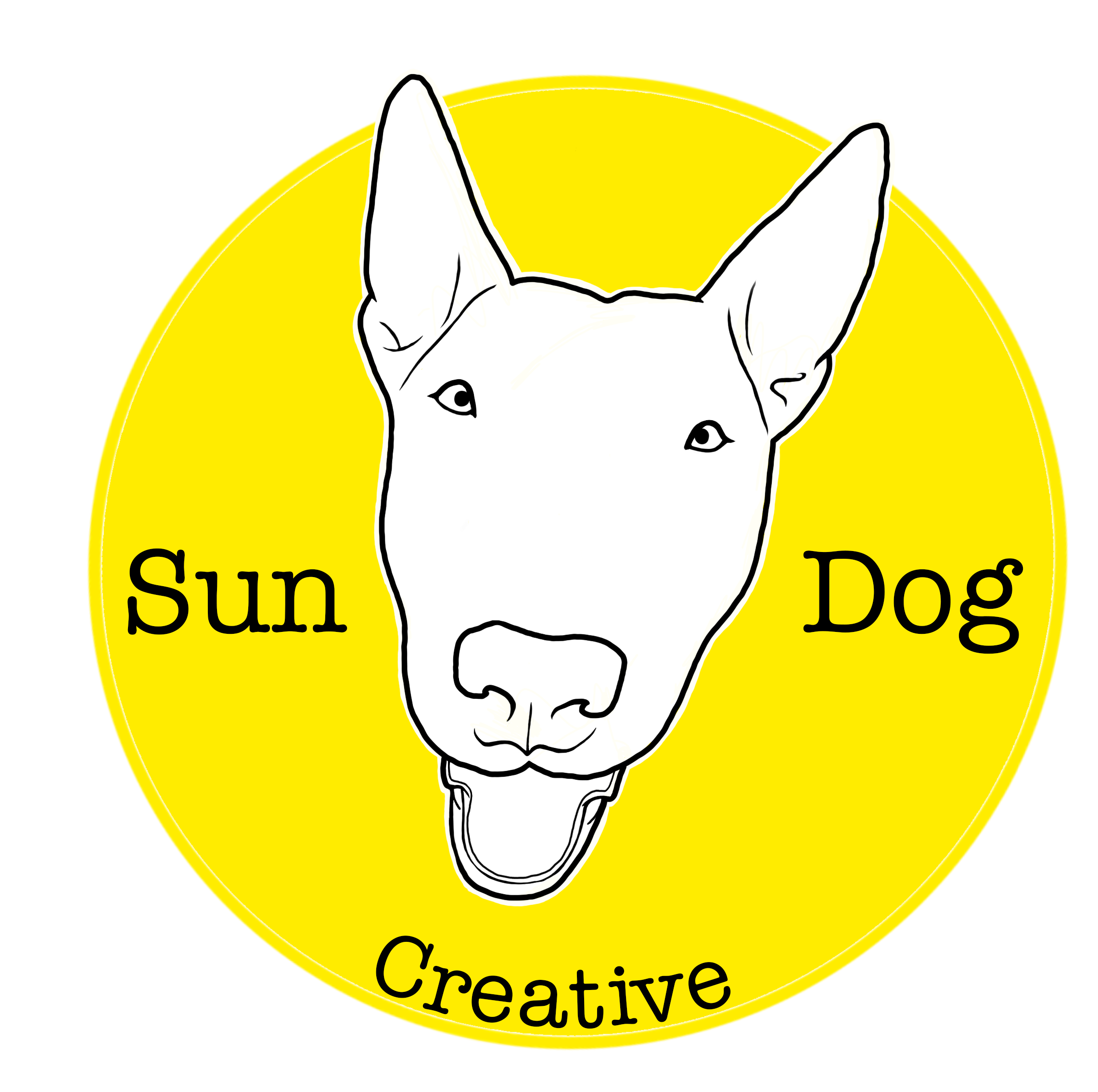figures and dog in front of the sun