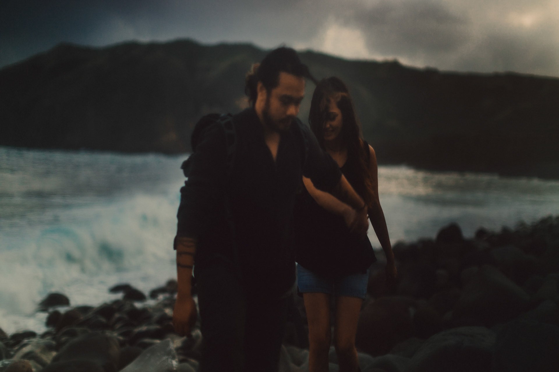 Moody adventure couple portraits in Valugan Boulder Beach, Basco, Batanes, Philippines, Southeast Asia, November 2014, Canon EOS 6D.