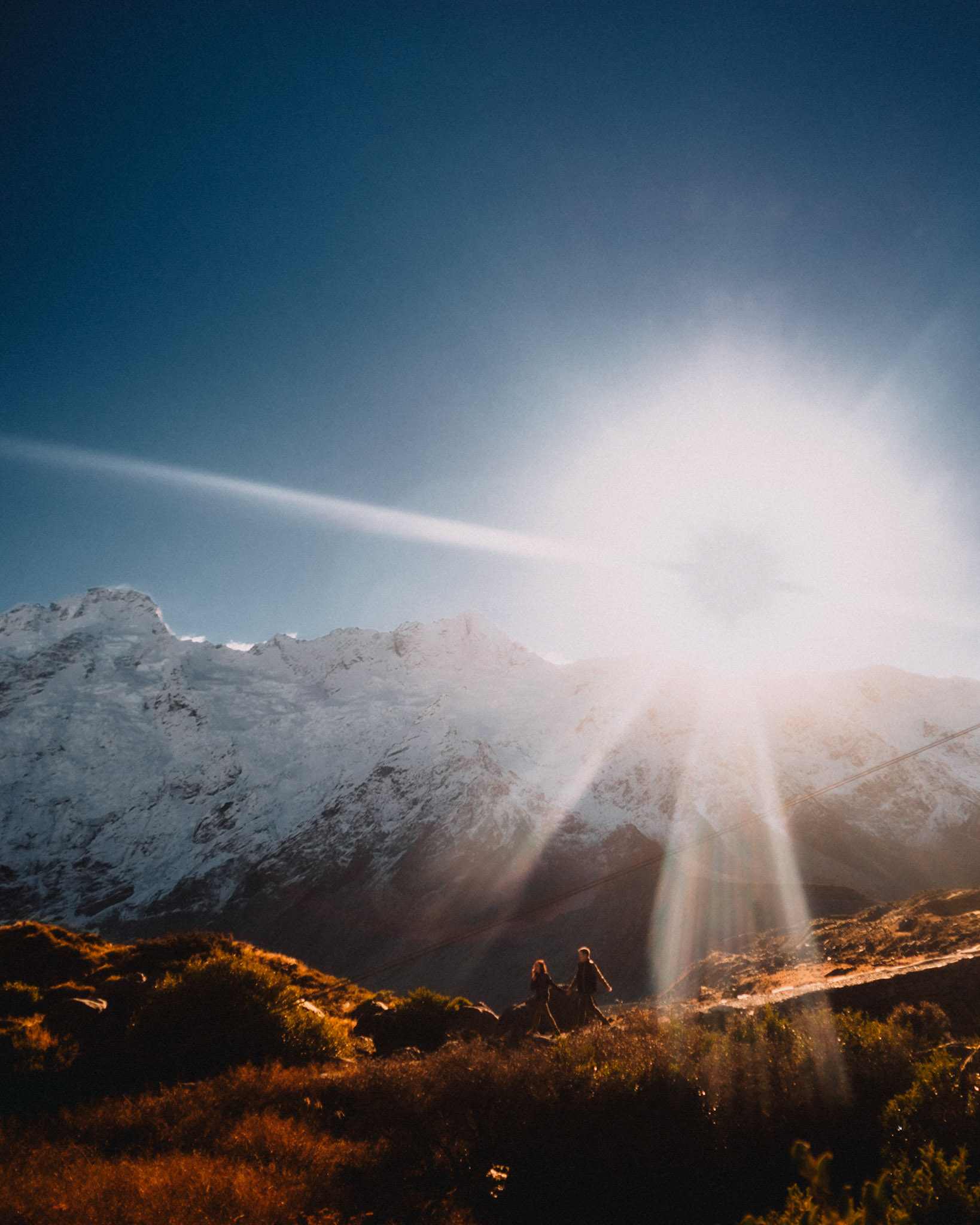 Adventure pre-wedding portraits at Hooker Valley Track and Lake Muller Lookout in Aoraki Mount Cook National Park, New Zealand, June 2017, Sony A7SII.