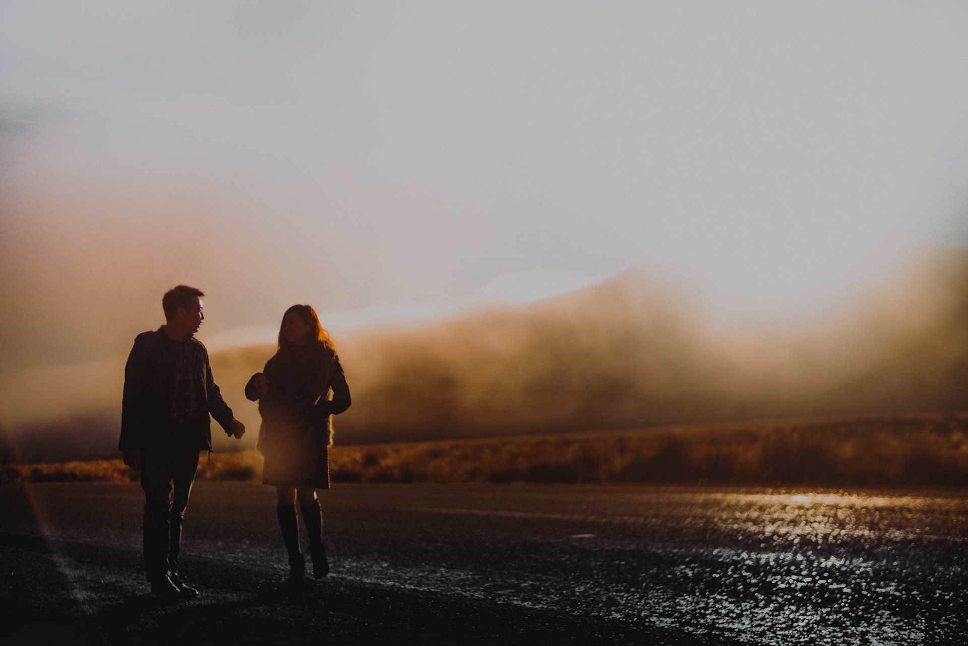 A moody engagement session beside a foggy hillside, New Zealand, June 2017, Leica M.