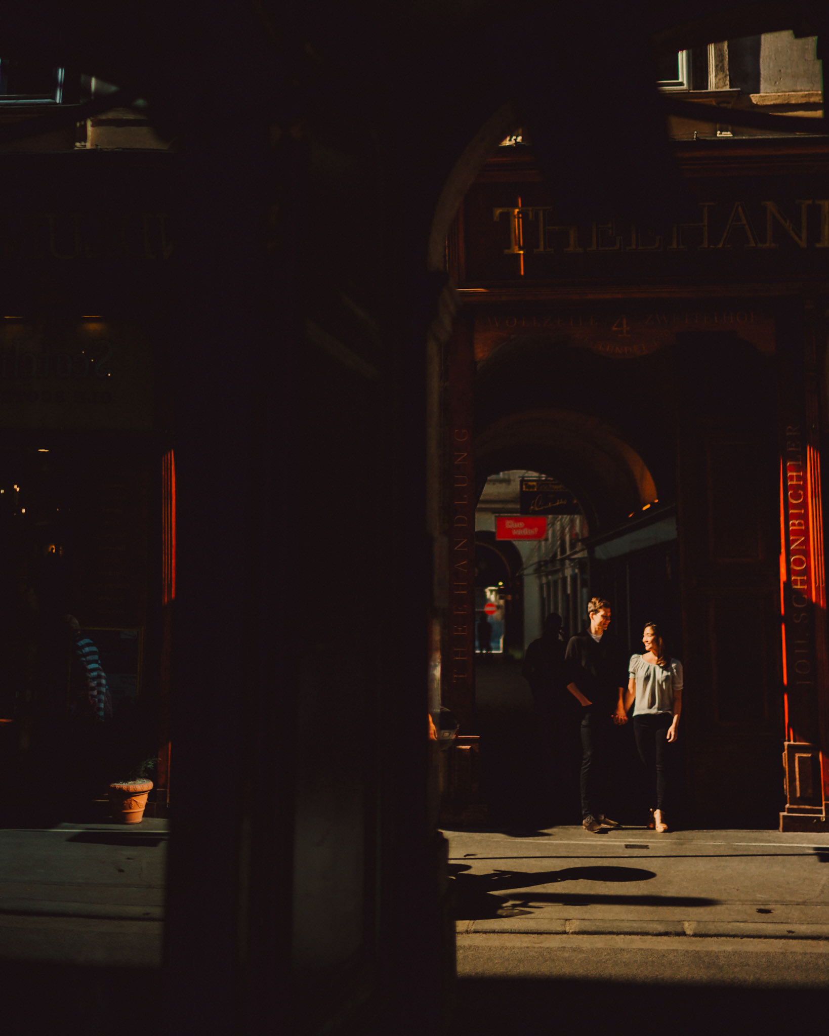 Casual destination engagement photos with moody lighting, Innere Stadt, Vienna, Austria, August 2017, Leica M.