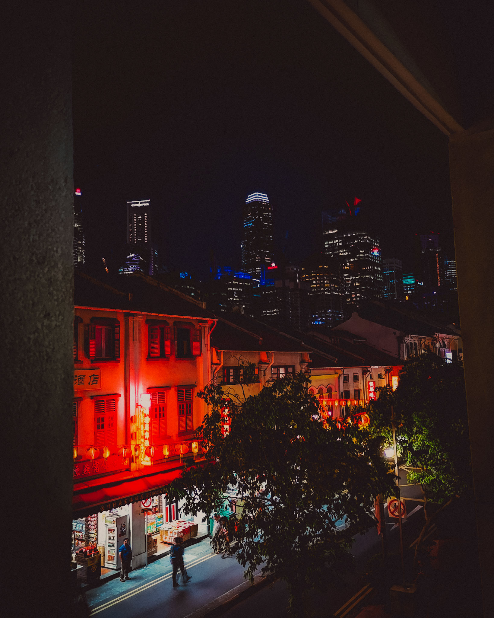Chinatown and the CBD skyline at night, Singapore, May 2018, Huawei P20.