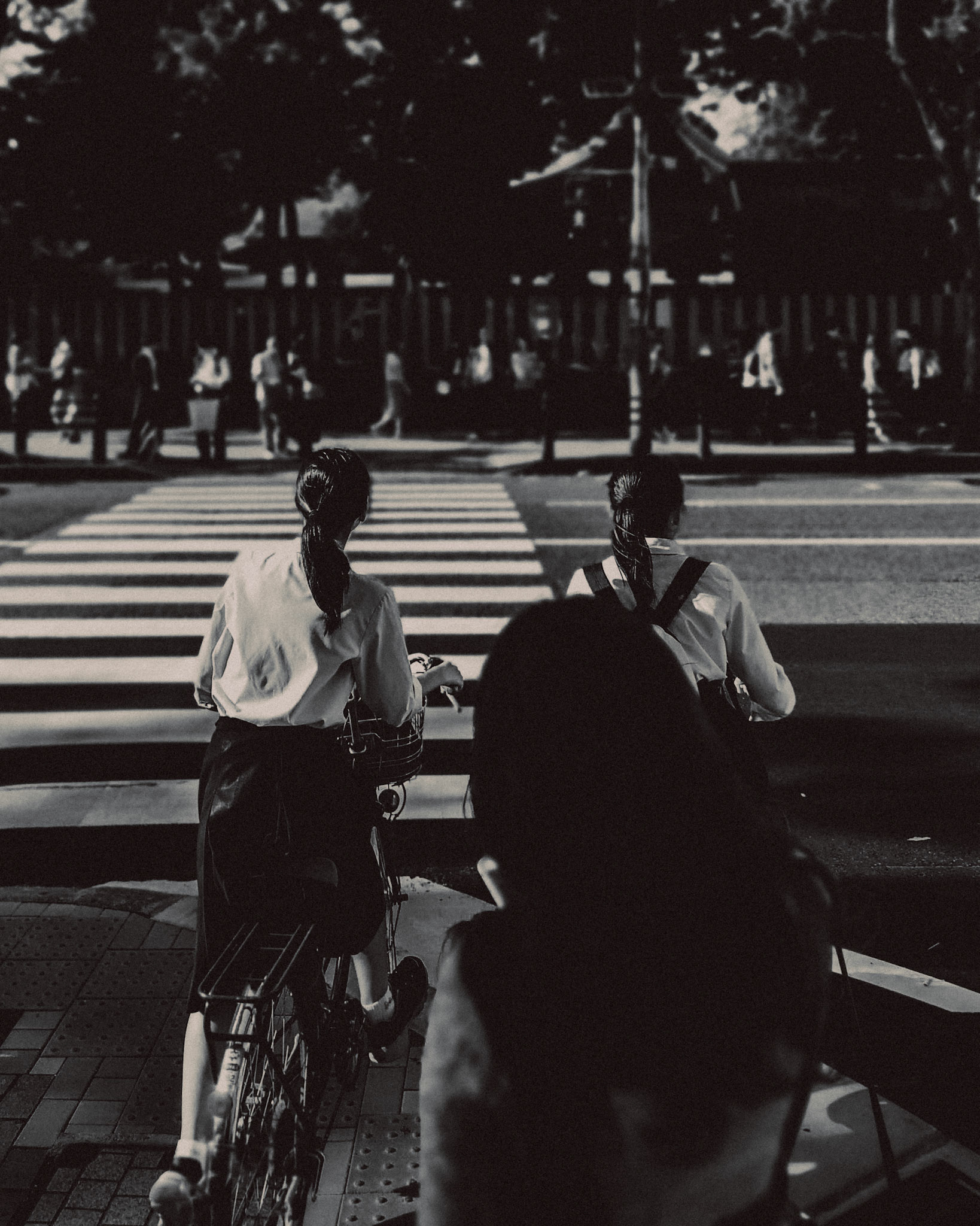 Two Japanese school girls riding bicycles, in black and white, Fukuoka, Japan, October 2018, Huawei P20 Pro.