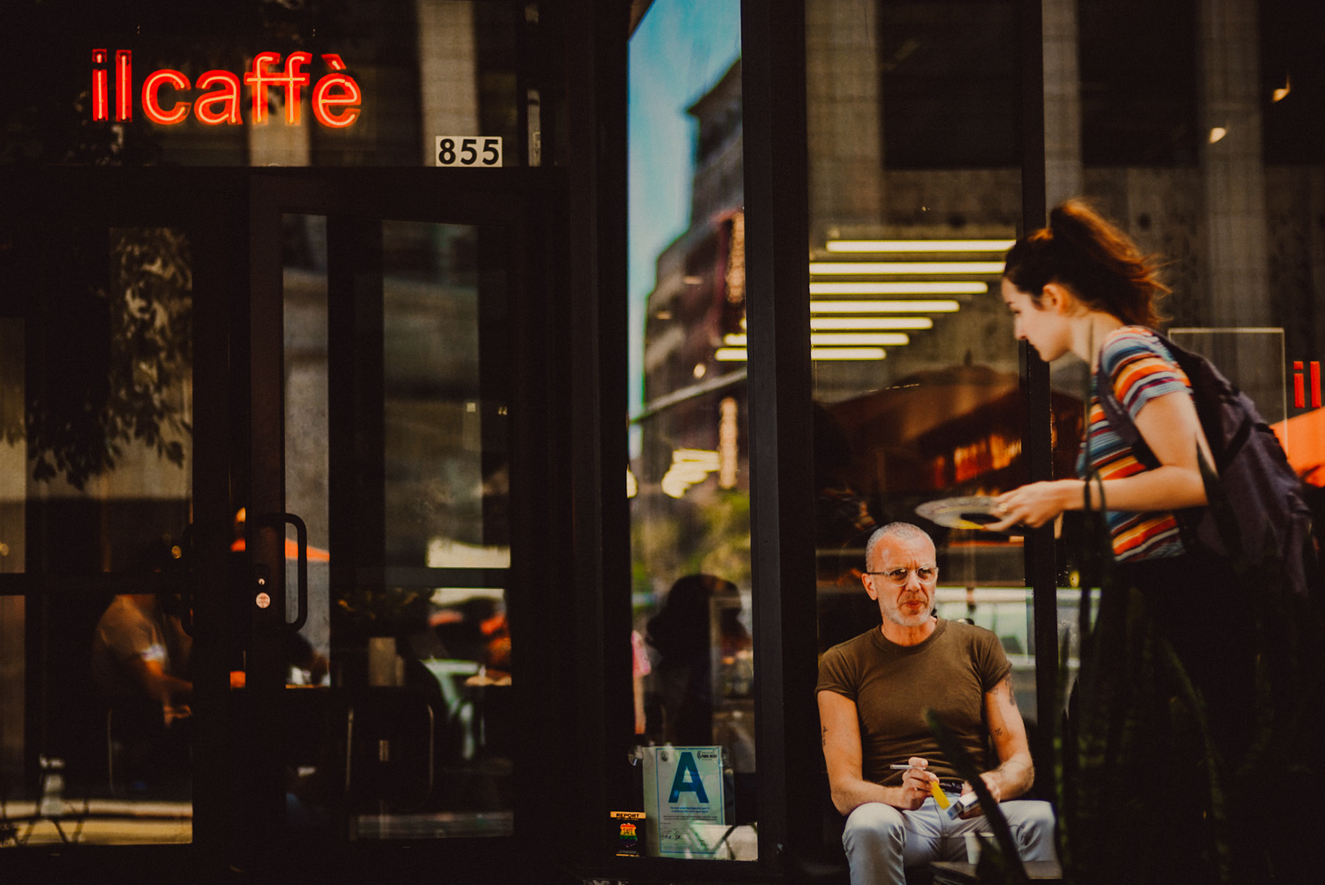 Patrons at IlCaffe and S Broadway, Los Angeles, California, USA, July 2018, Leica M.
