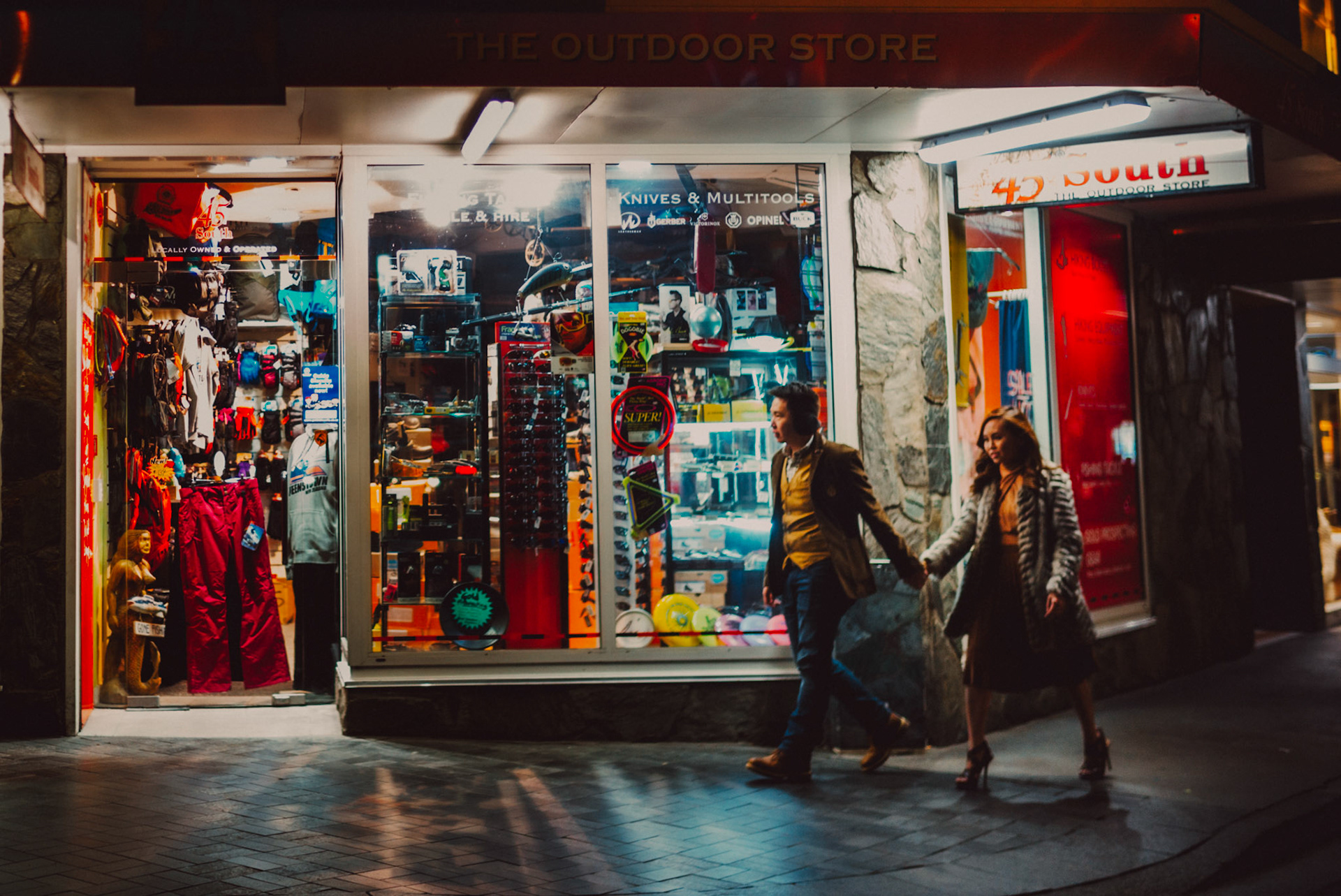 Candid pre-wedding and engagement portraits in downtown Queenstown, Otago, New Zealand, June 2017, Sony A7RII.