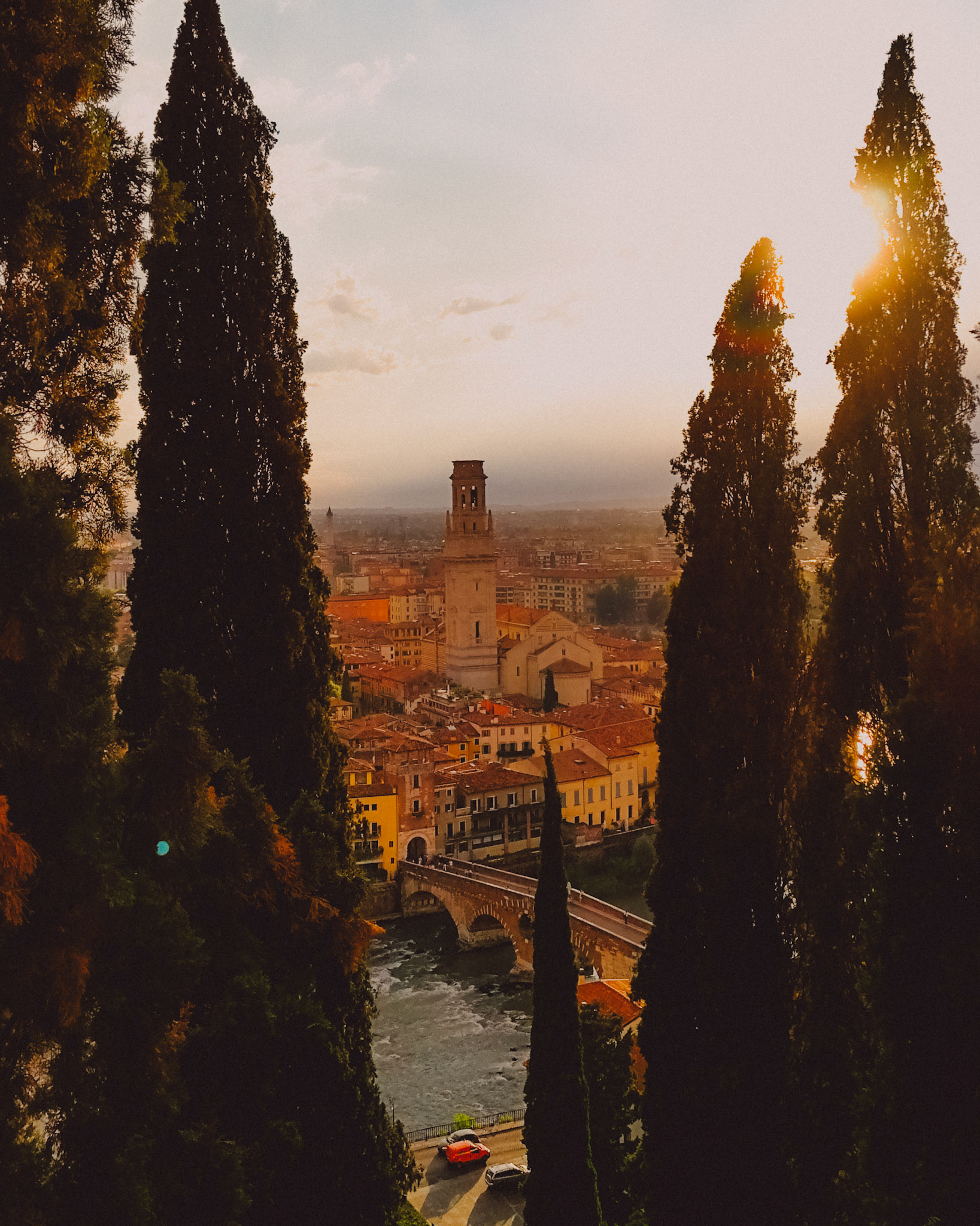 A city view of Verona framed between evergreens, from Punto panoramico Castel San Pietro, Verona, Italy, September 2017, Huawei Mate 9 Pro.