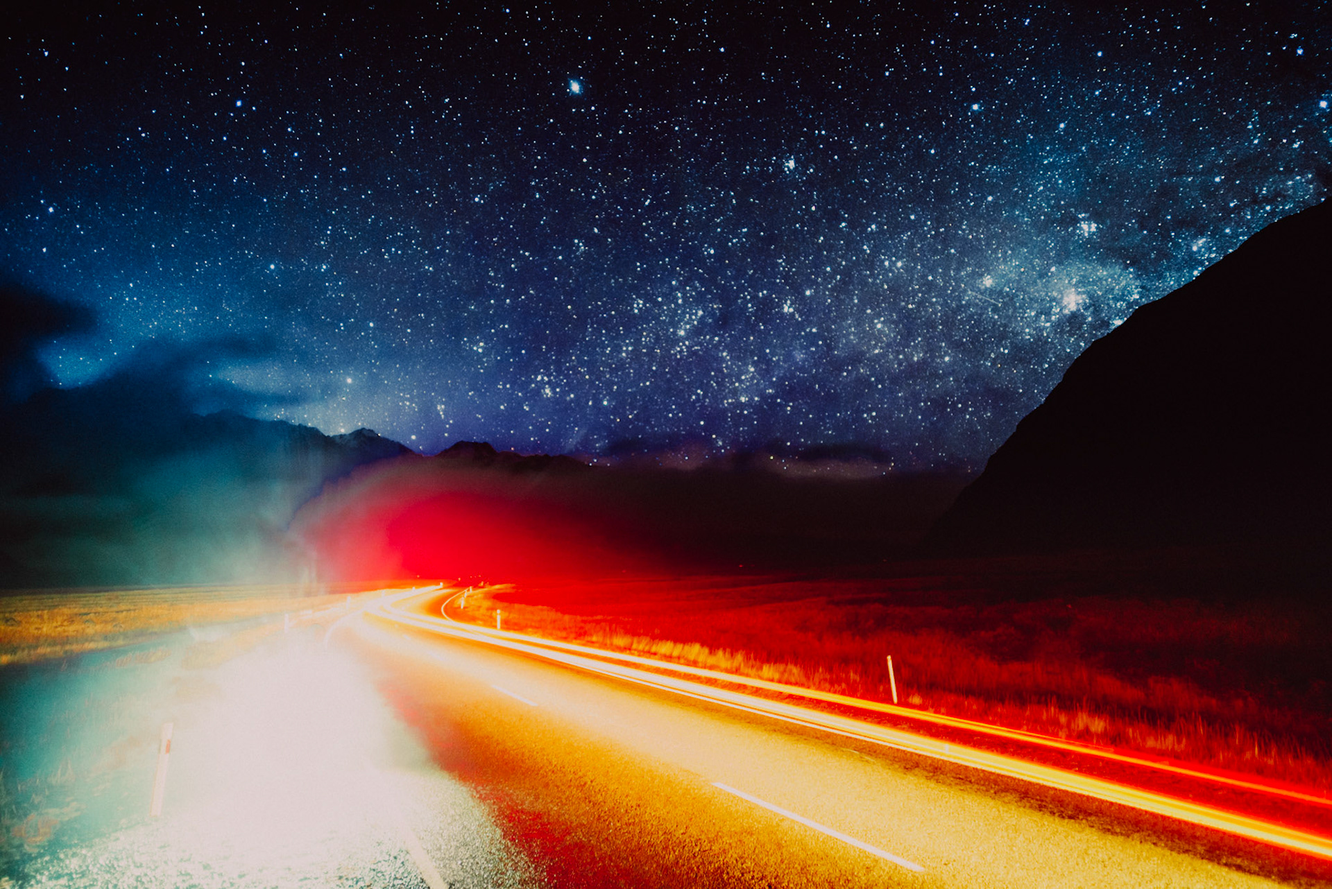 A starry night sky over light streaks, Aoraki/Mount Cook National Park, Canterbury, New Zealand, June 2017, Sony A7SII.