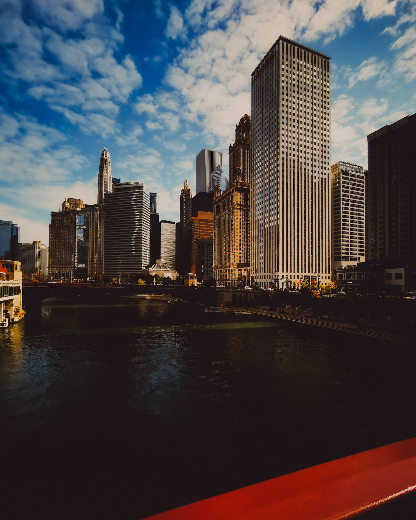 The downtown Chicago skyline from the Dearborn Street Bridge, Chicago, Illinois, USA, November 2019, Huawei P30 Pro.