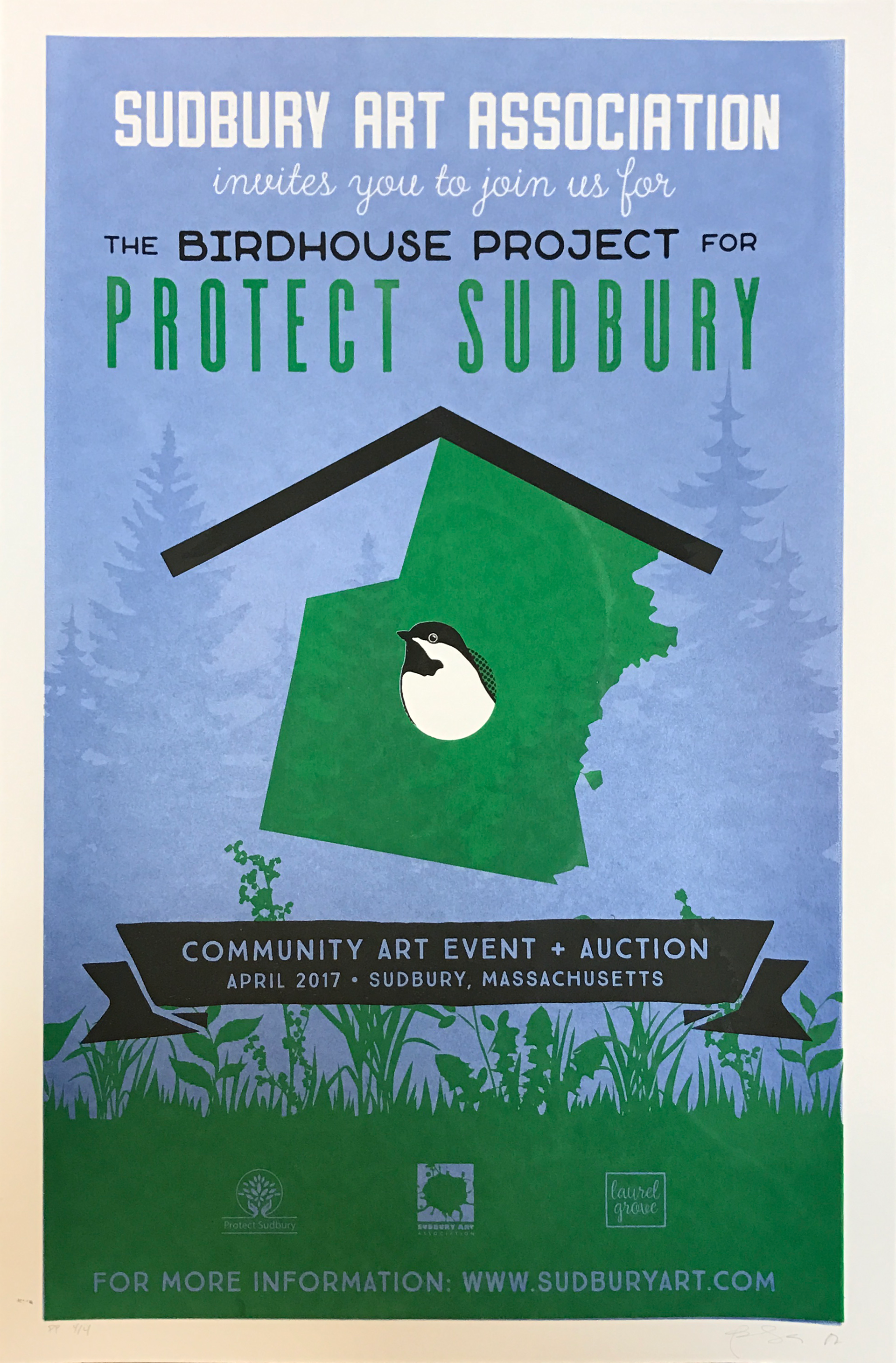 Hand screen printed poster for The Birdhouse Project