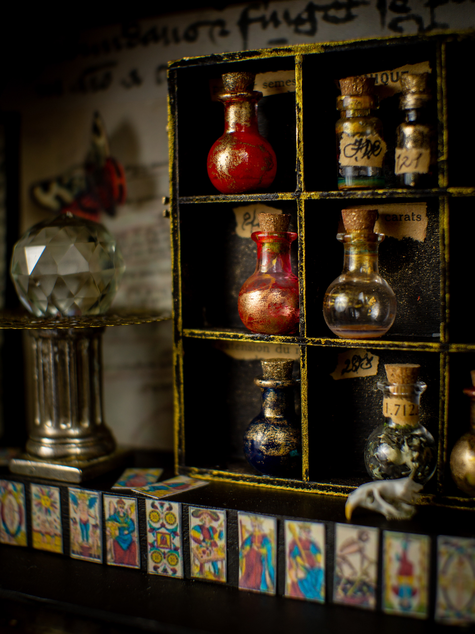 A Box Of Secrets - Antique wooden case, antique bisque German doll’s head (K&R Simon & Halbig, 1920), silver, brass, glass, paper, mammal skull. 58 x 29 x 13