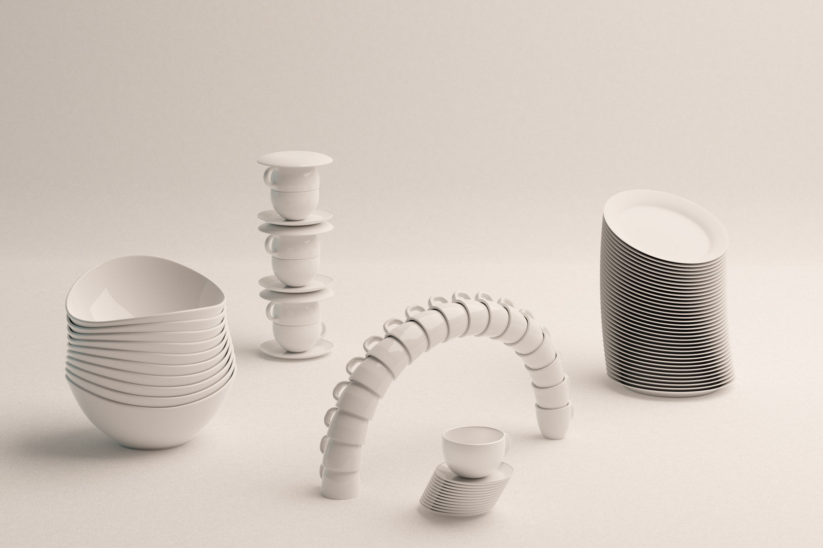 Cups, bowls, saucers and plates stacked caption