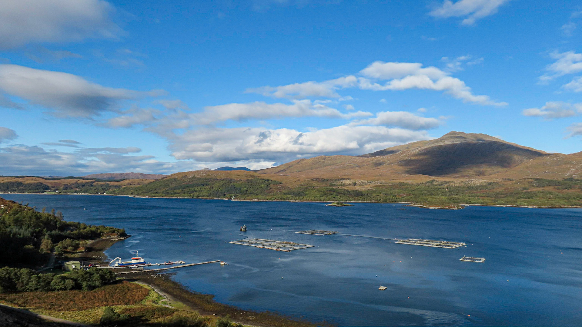 Salmon fish farm at Invasion Bay (Camas na h-Airbhe), Loch Sunart with on the right the pyramidal peak of Beinn Resipole as a backdrop, Laudale Estate