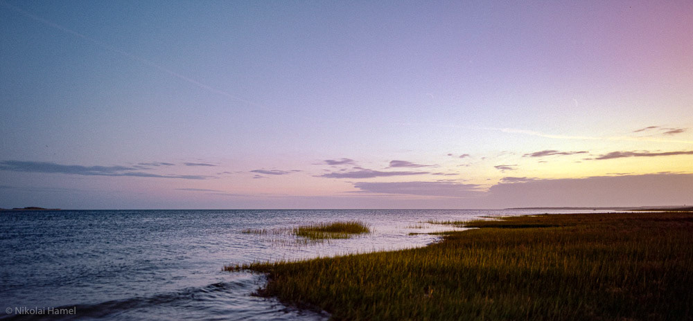 Sunrise Over a Marsh and Sea. Pentax 645N, Kodak Portra 160-120. 35mm F3.5, 1/10", UV