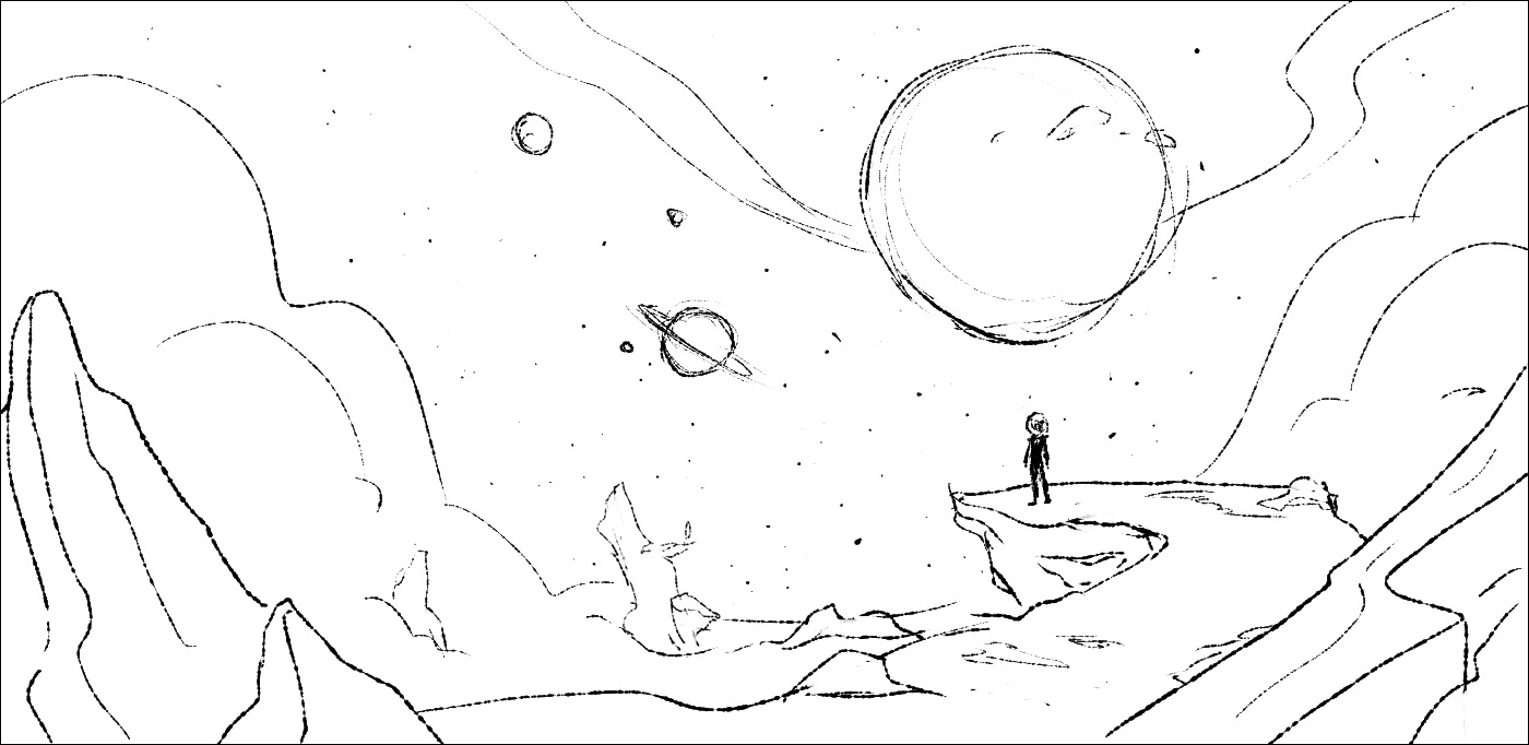 Astronaut overlooks a fog-filled planet with chunks of rocks peeking through the fog. Many other planets and moons are in range.