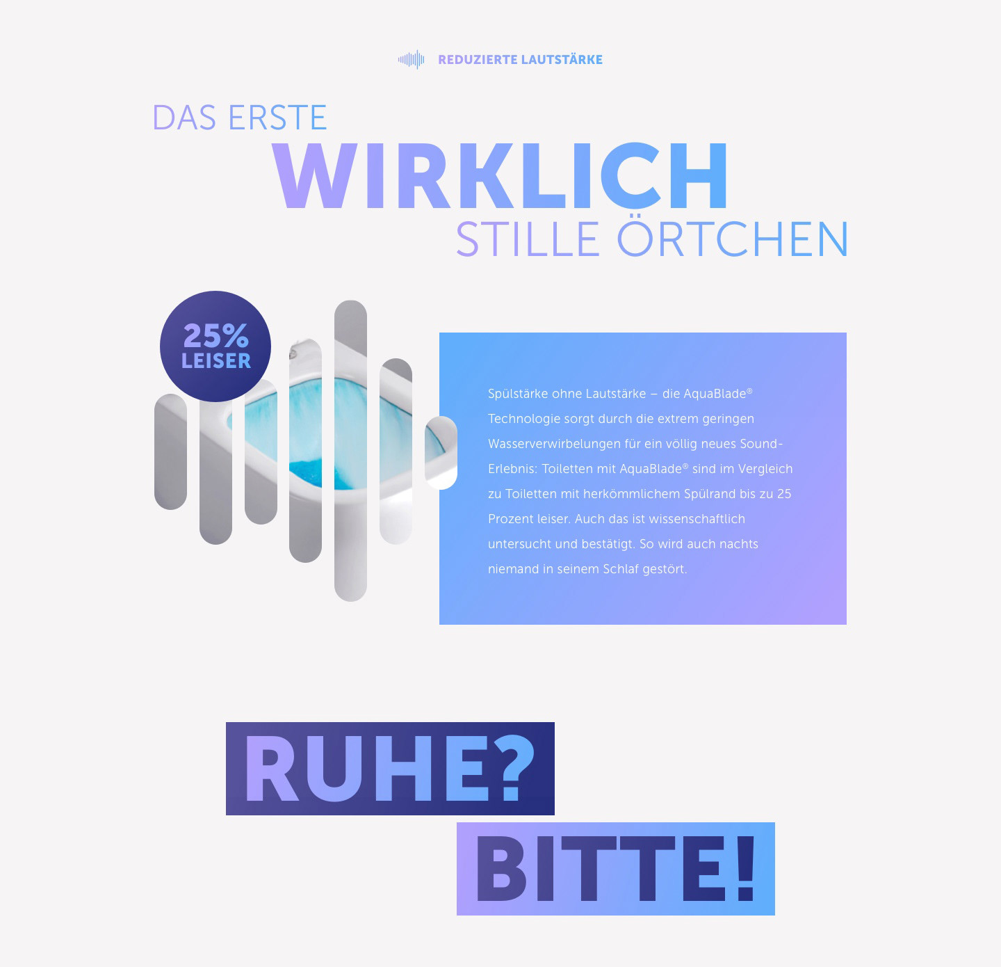 Desktopansicht. Thema reduzierte Lautstärke auf der Aquablade Website.