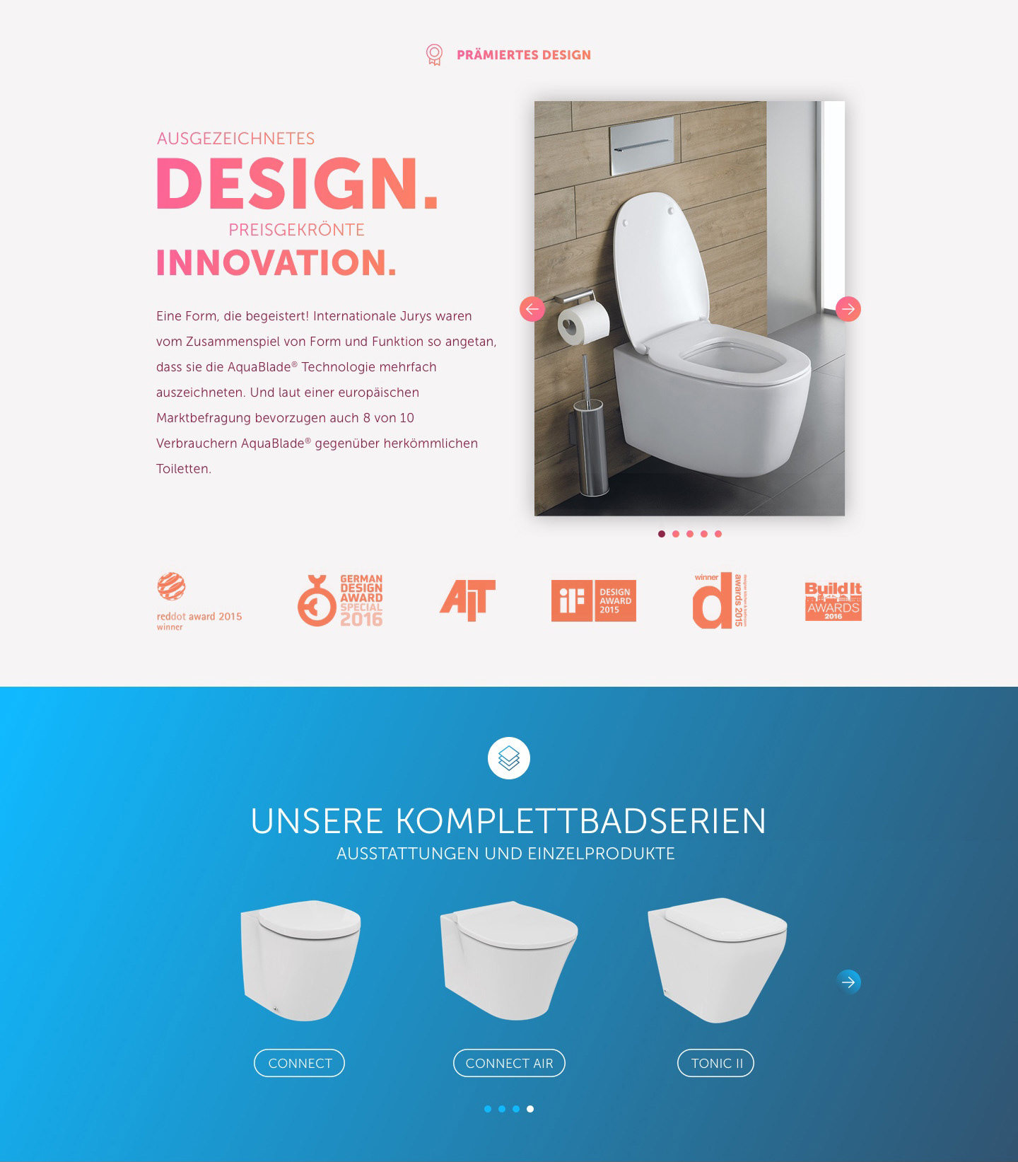 Desktopansicht. Thema praemiertes Design auf der Aquablade Website.