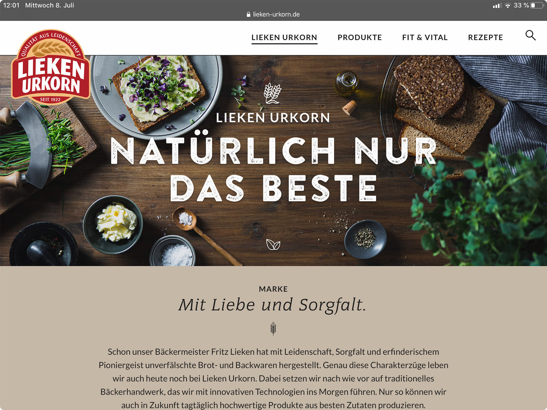 Start Ansicht der Lieken Urkorn Webpage auf dem Desktop.