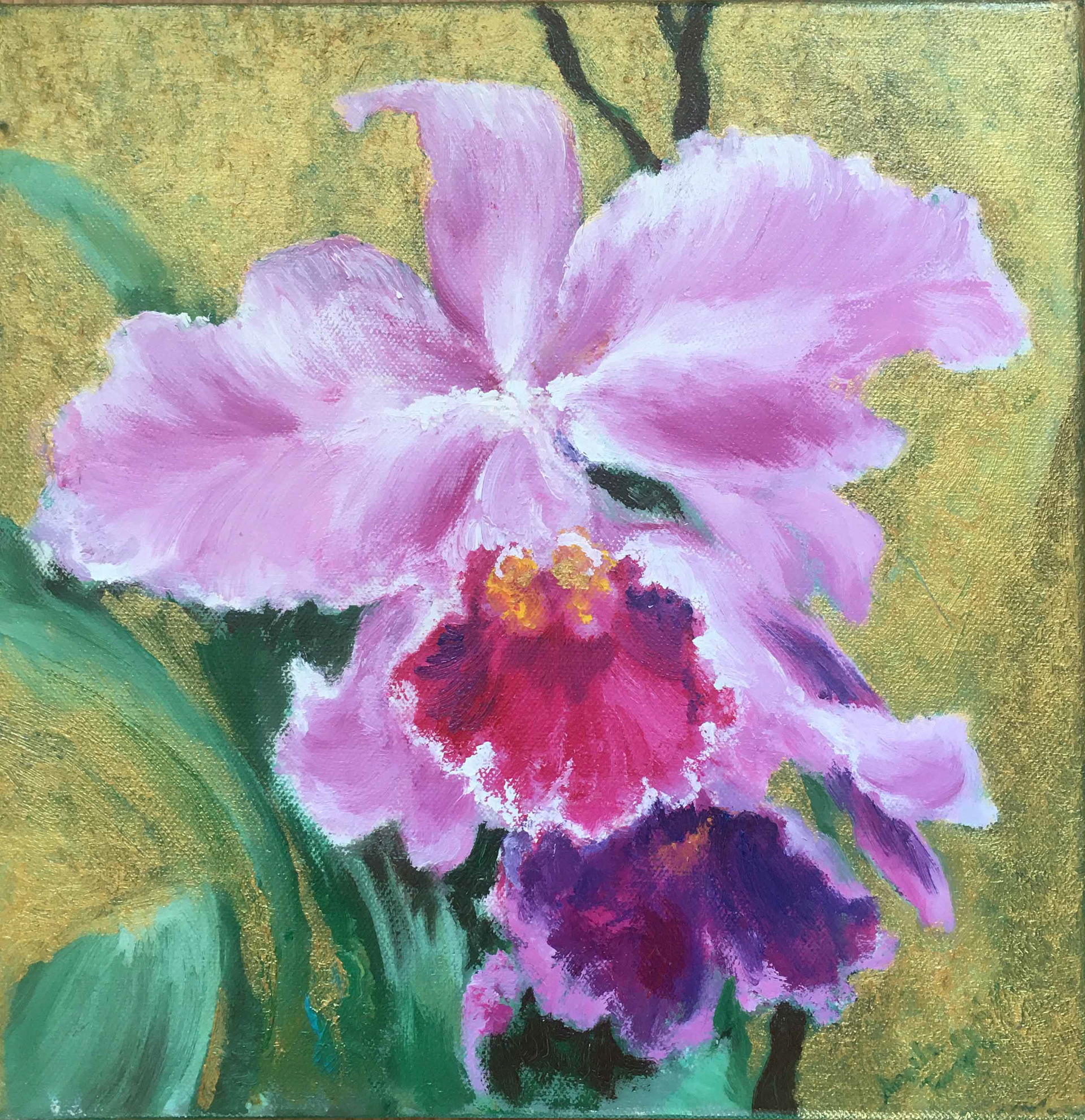 Pink orchid with Golden background (oil on canvas)