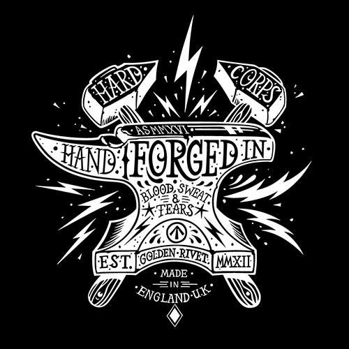 'Hand forged in blood, sweat & tears' - illustration for garment print