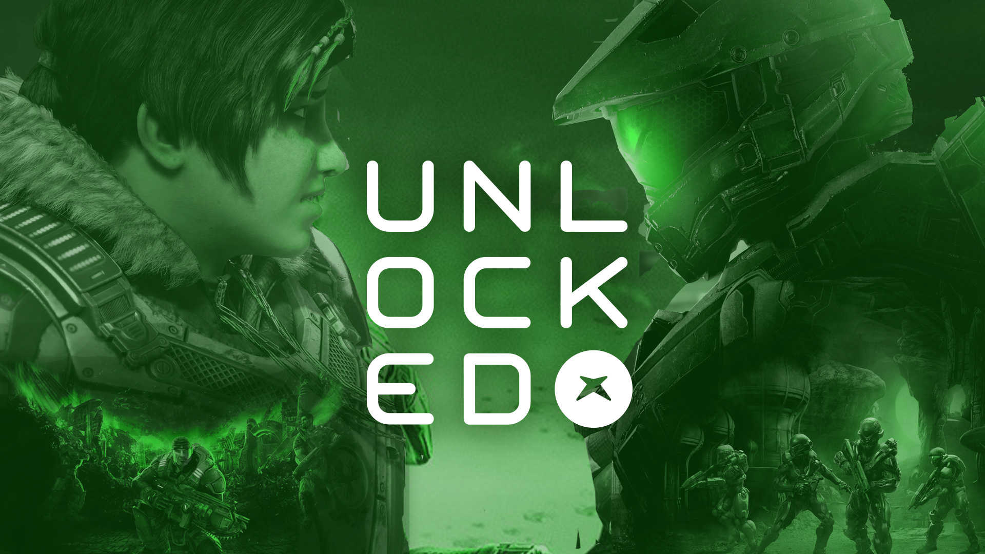 Green filtered photo of Kait from Gears 5 staring at the Master Chief from Halo. The text between them reads, "Unlocked". This was the TV background image that was used on the IGN podcast Unlocked.