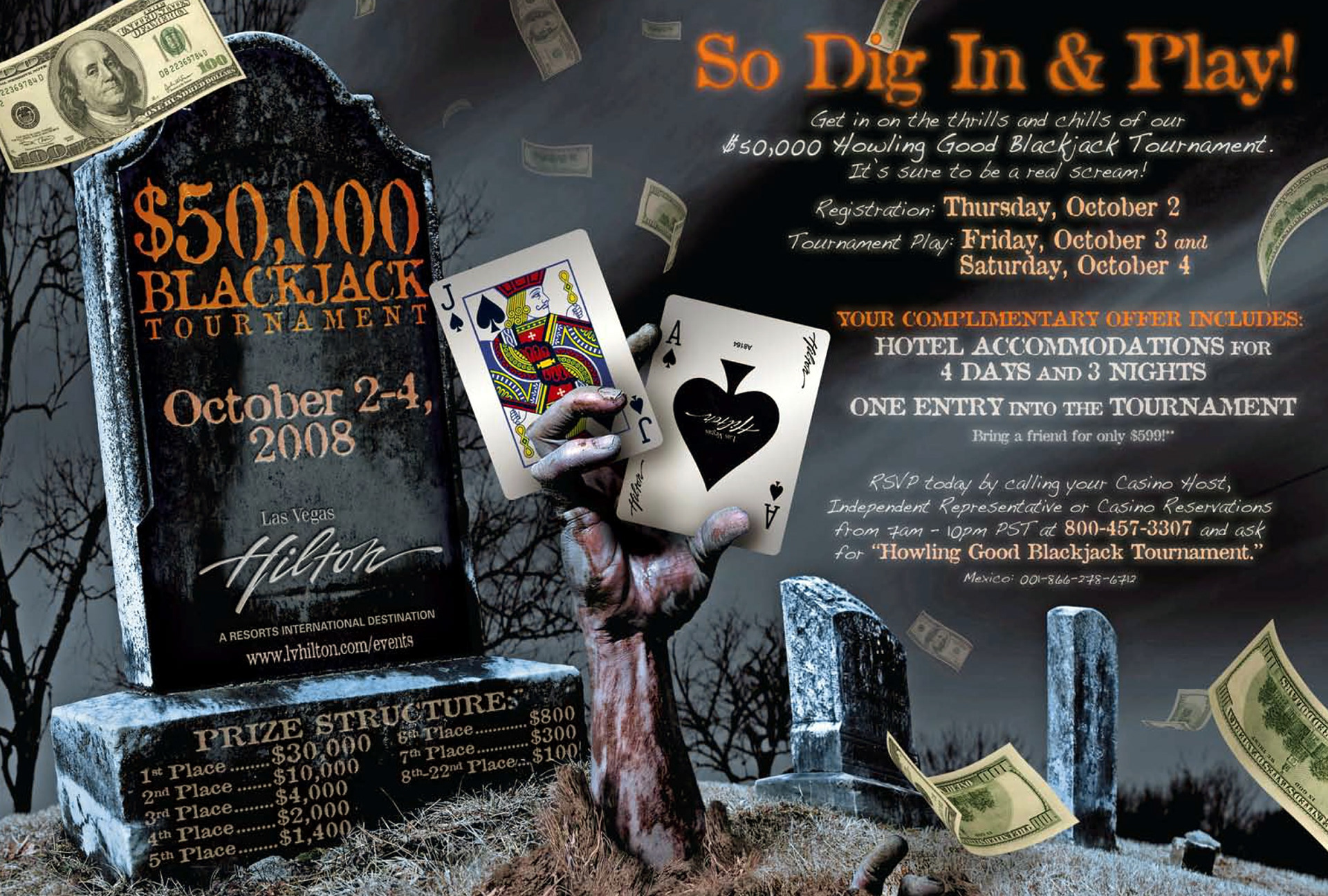 Bifold blackjack tournament invite for Halloween inside layout
