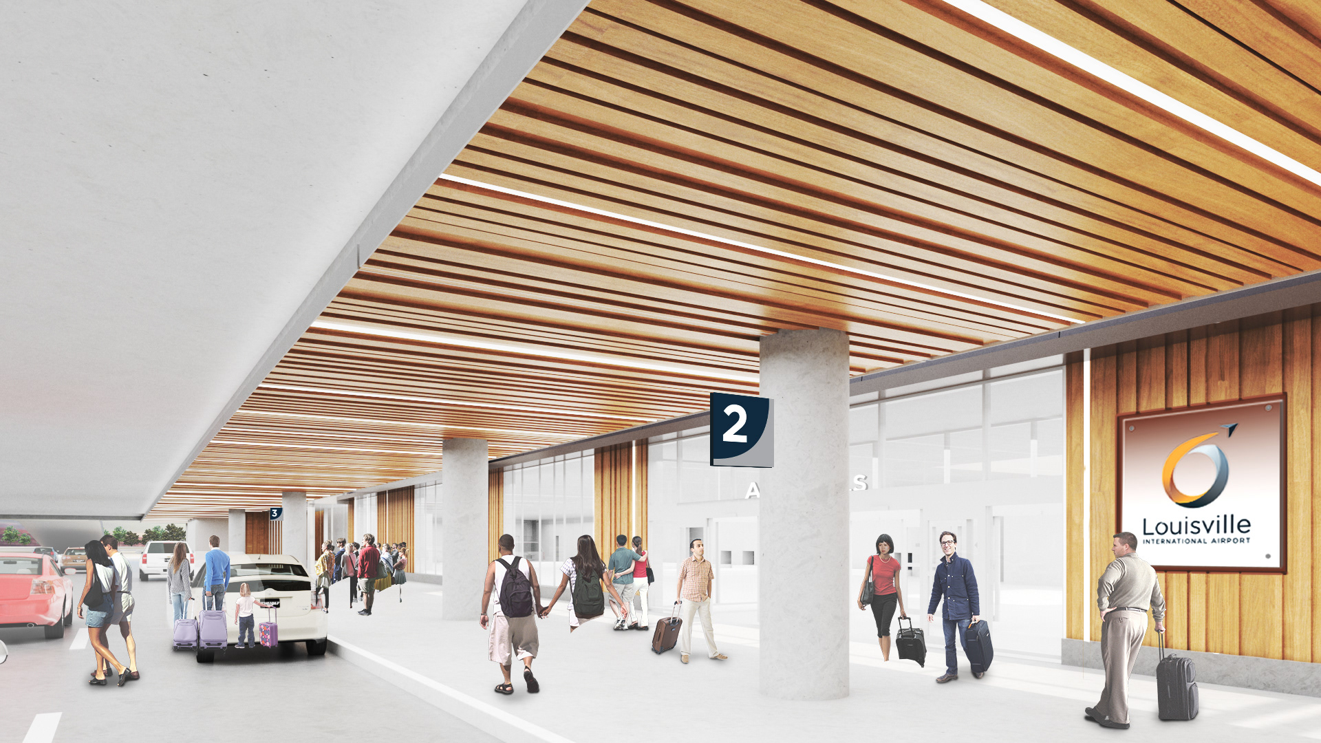 Wood-finish feature wall, inset logo on frosted acrylic resin. Blade wayfinding graphics.