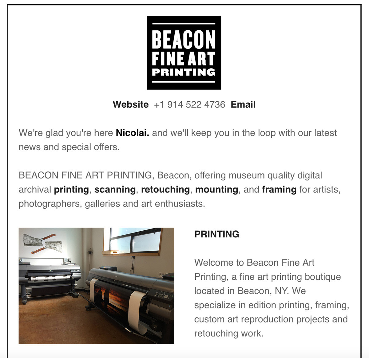 Automated welcome email for new subscribers to Beacon Fine Art Printing updates.