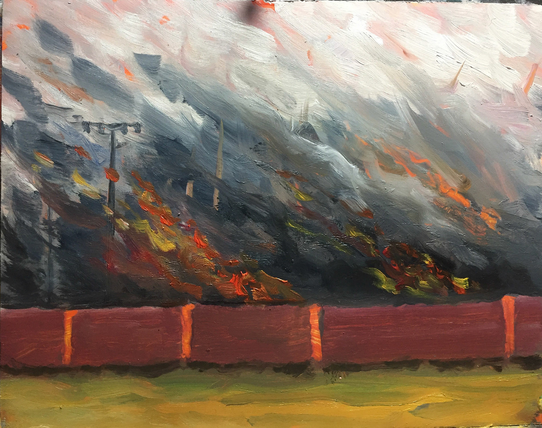"Box Cars Burning"  Oil On Foam Core Panel, 8" x 10", 2019