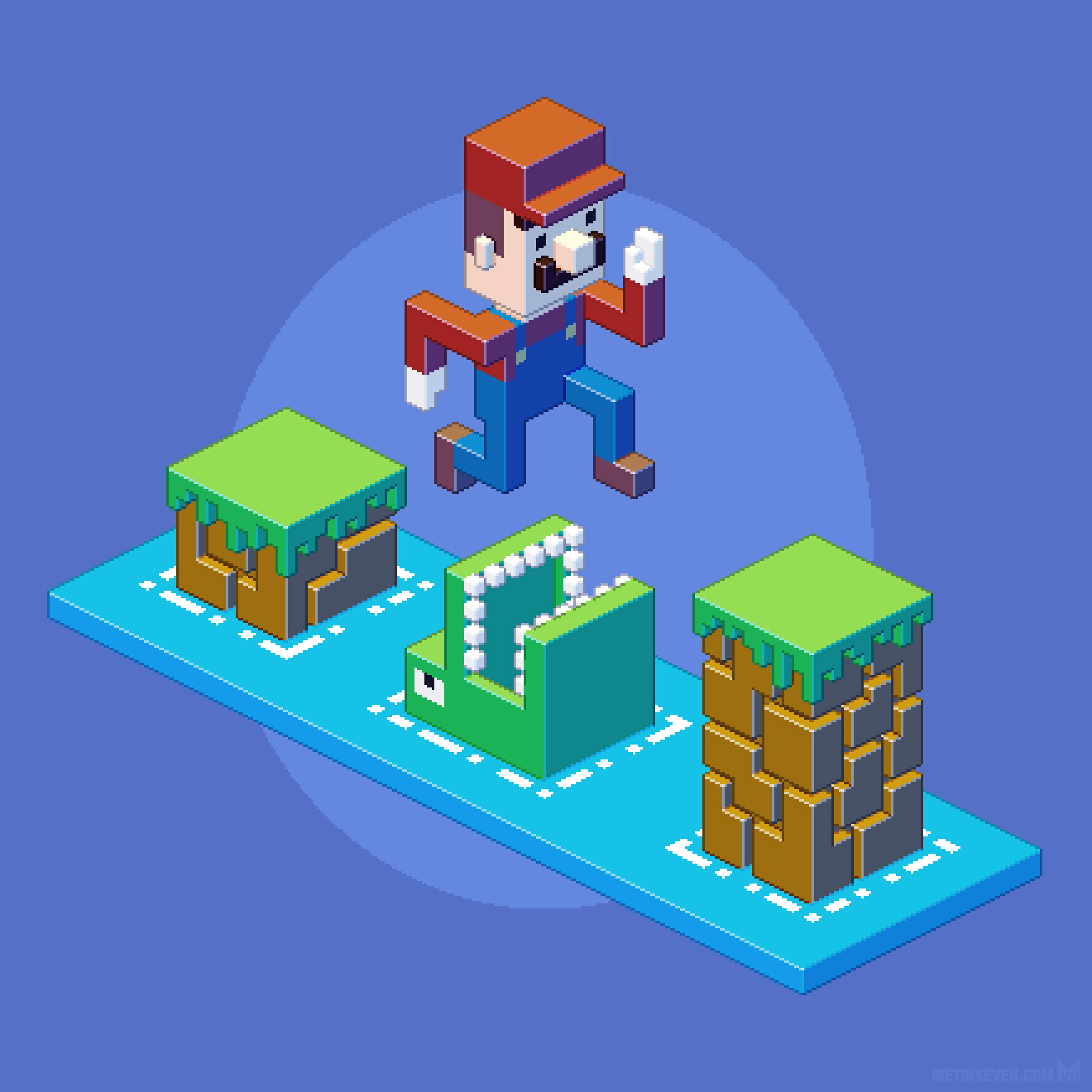 Isometric pixel illustration featuring Mario • Isometrische pixel-illustratie met Mario