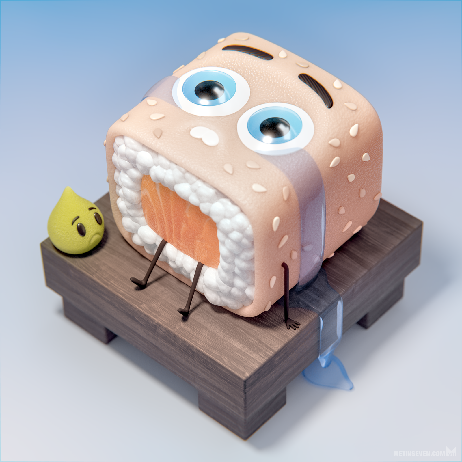character, design, cute, fun, humoristic, cartoon, sushi, wasabi, illustration, illustratie, illustrator, blender, blender3d, b3d