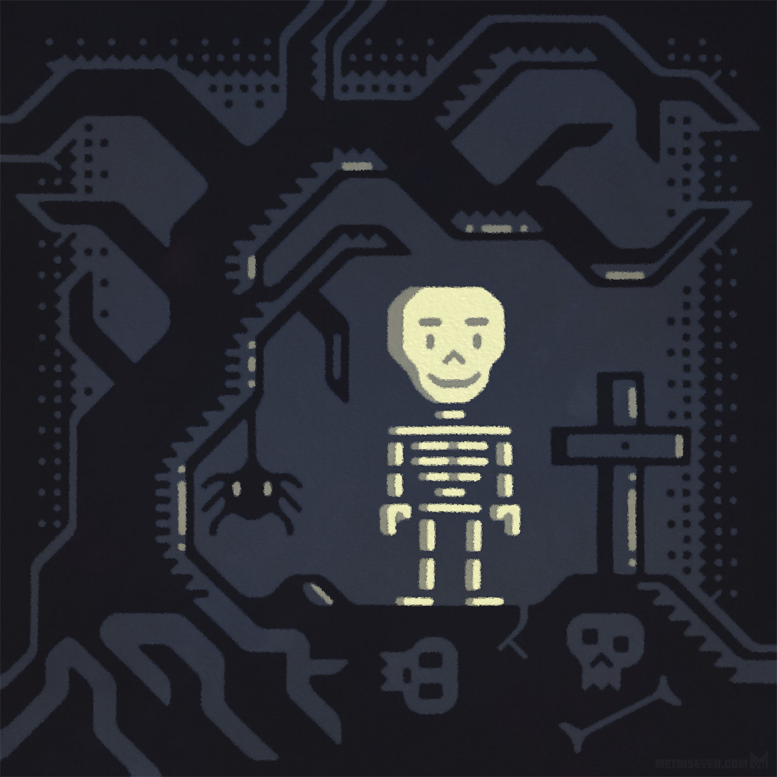 2d, artwork, illustration, illustratie, character, karakter, design, ontwerp, graphic, grafisch, vector, skeleton, skelet, geraamte, boom, tree, graveyard, begraafplaats, kerkhof