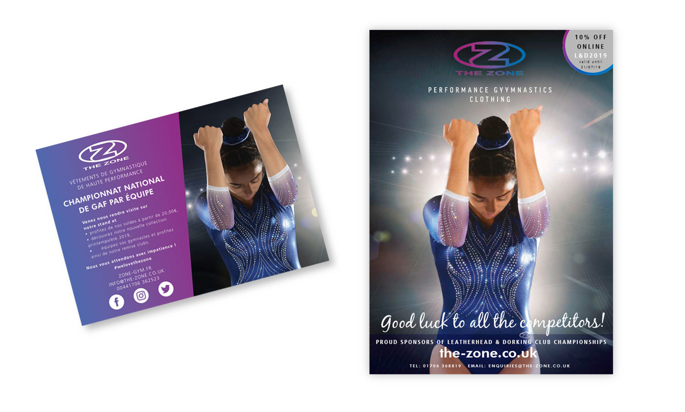 Print design examples including postcards, leaflets and posters for the zone gymnastics