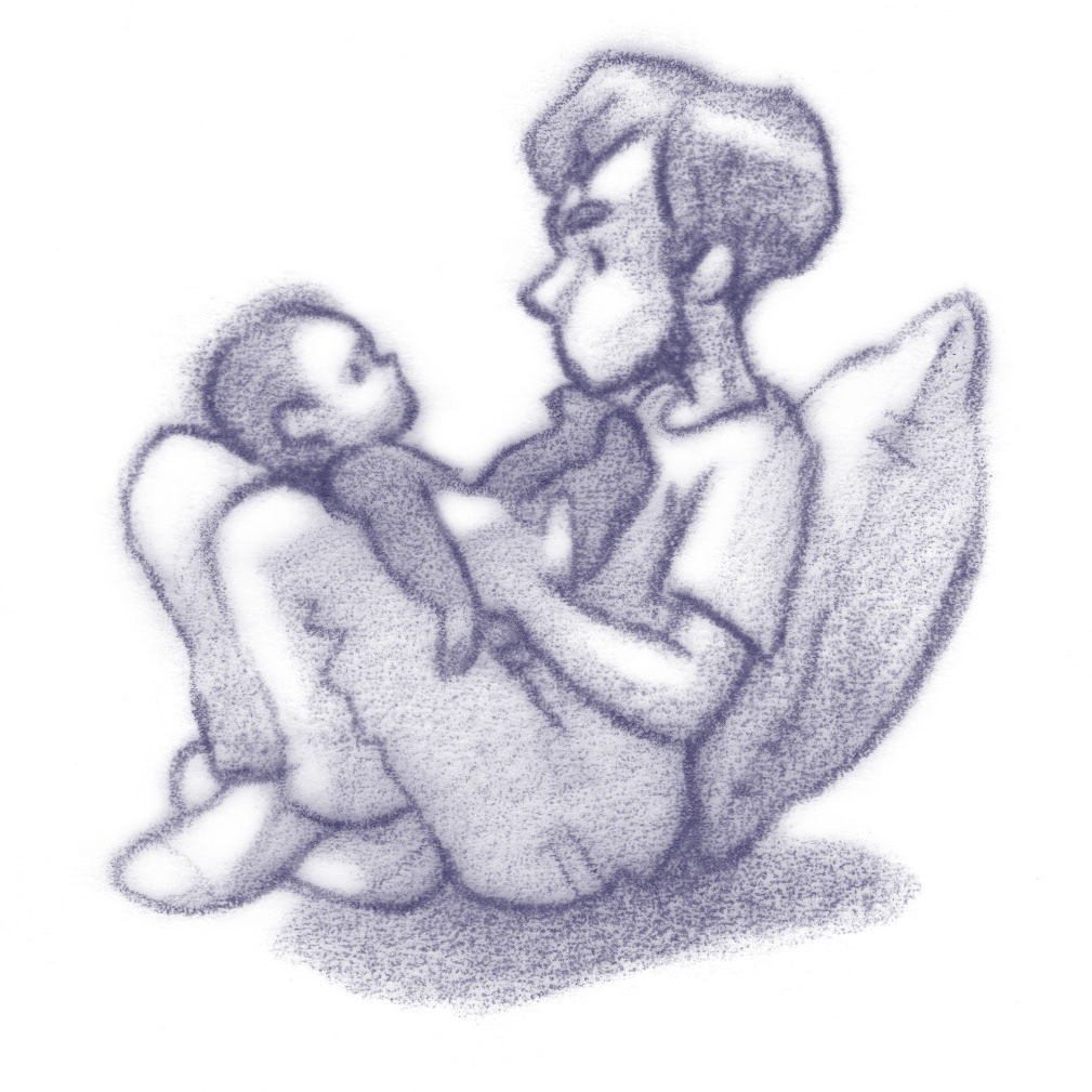 Mann Teenager mit Baby auf dem Schoß. Illustration.