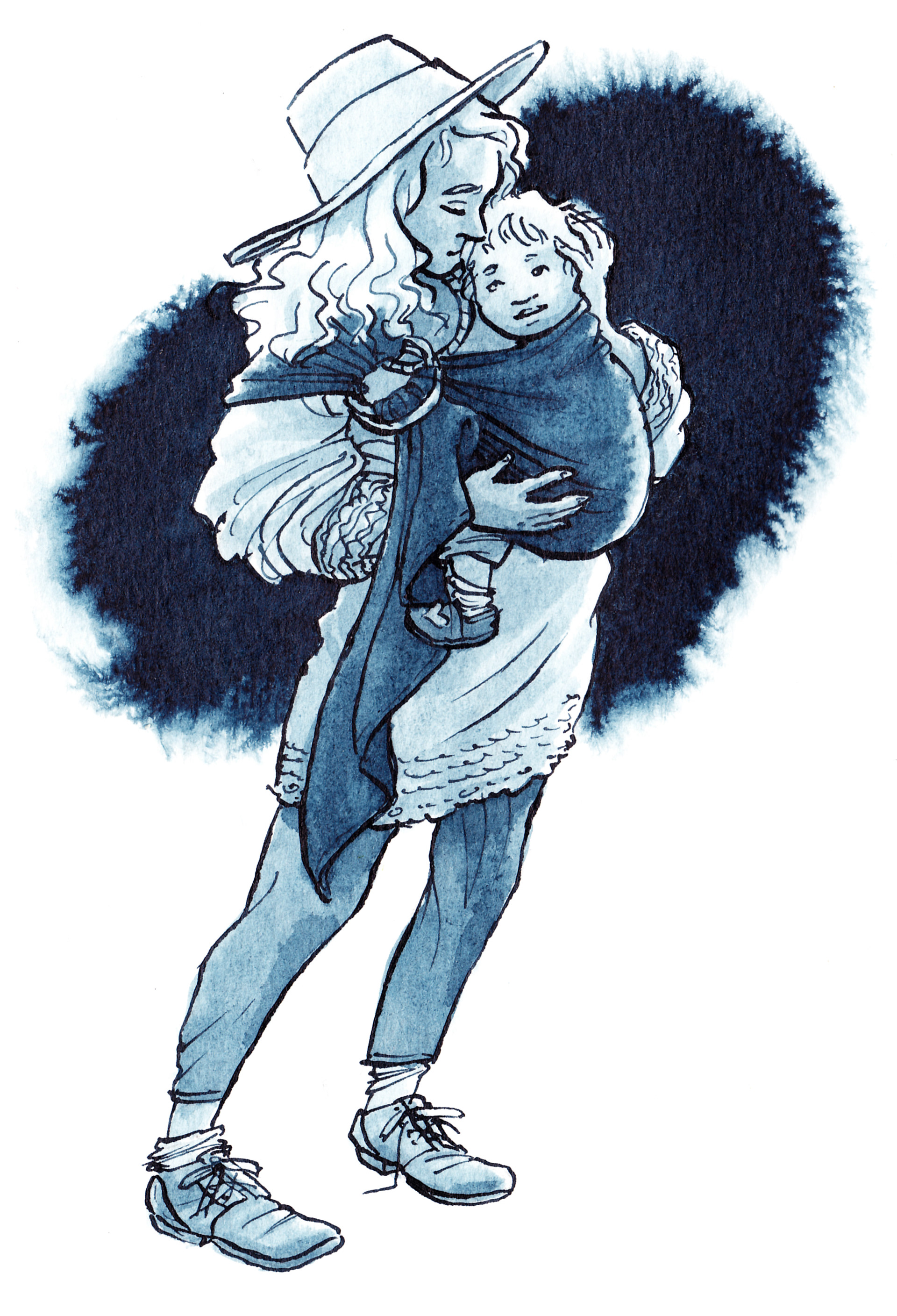Mutter liebkost ihr Baby, Kleinkind, im Tragetuch. Illustration in Tusche.