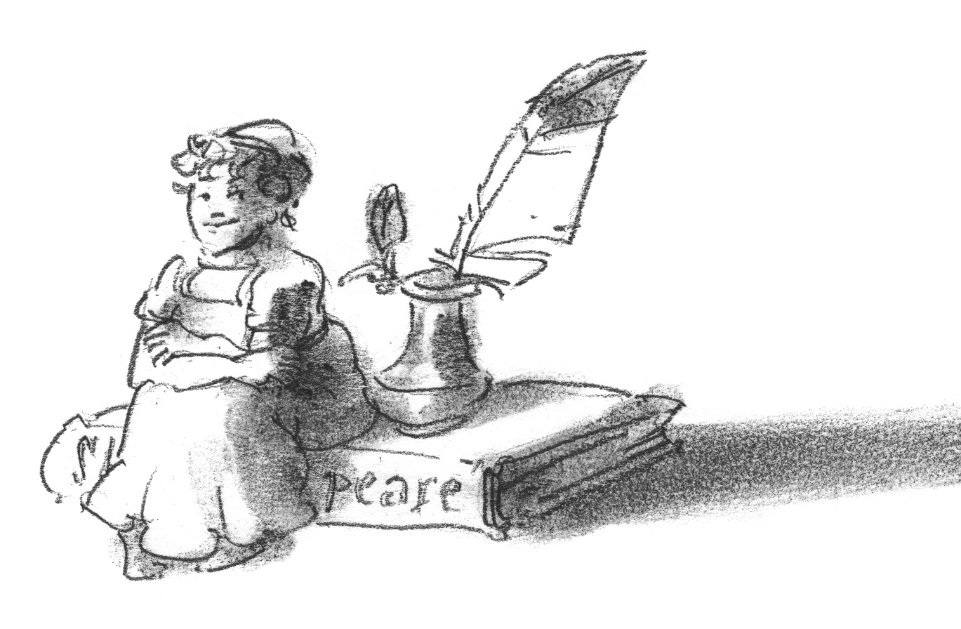Autorin Jane Austen sitzt auf riesigem Shakespeare-Buch. Illustration.