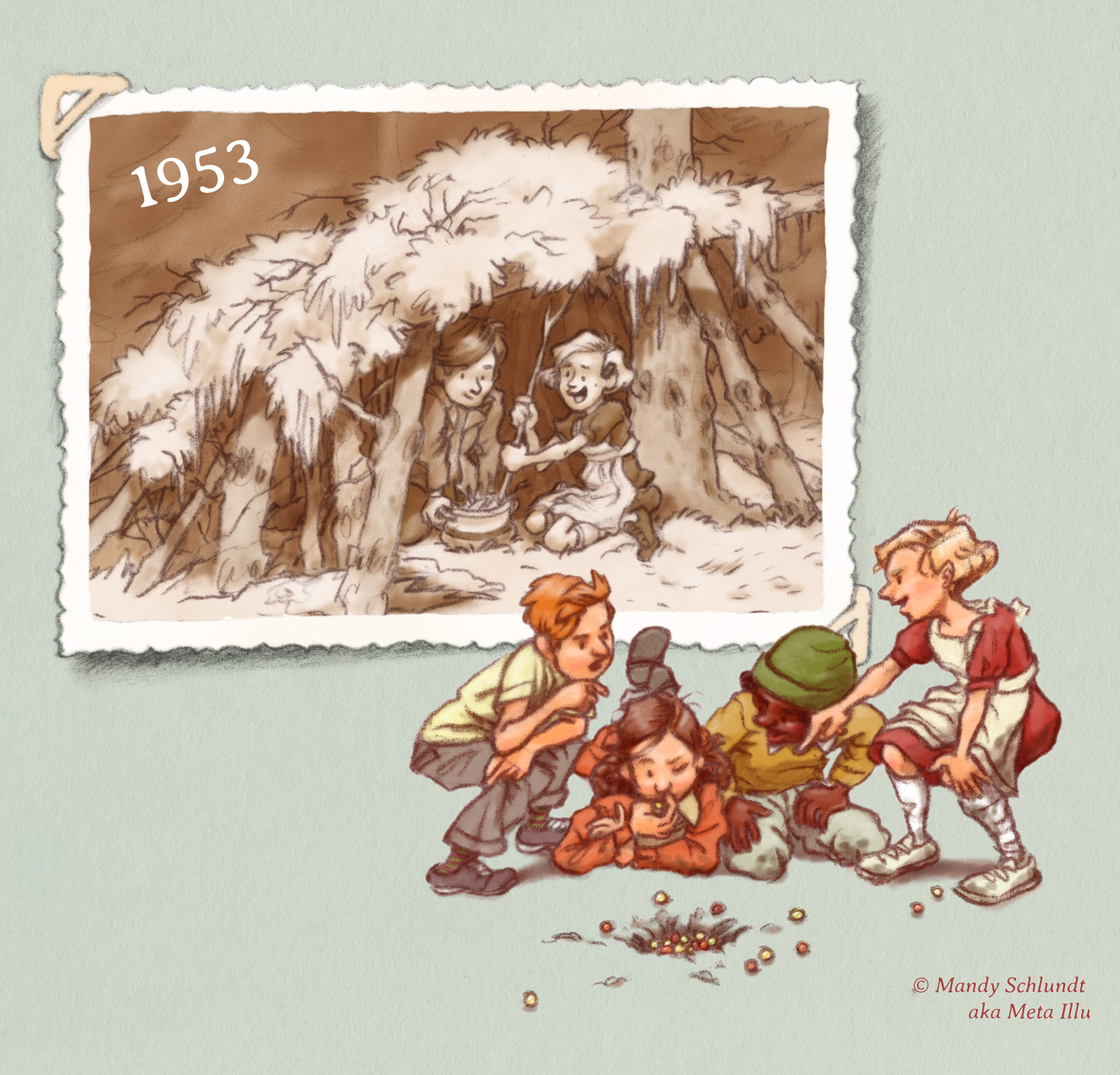 Im Jahr 1953: Vergilbtes Schwarzweiß-Foto zeigt Kinder, die sich Waldhütte bauen. Kindergruppe speilt Klicker mit Murmeln. Digitale Illustration.