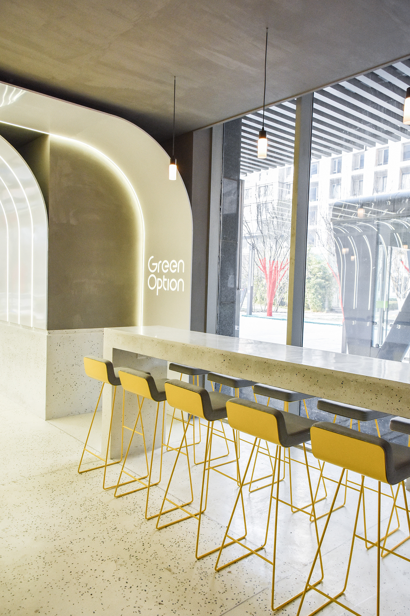 stools, bar area, restaurant, terrazzo, table, metal, light, ceiling, interior design, ramoprimo,