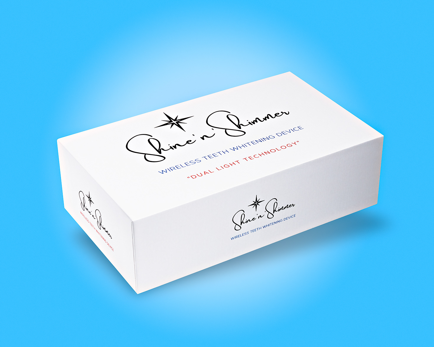 Advertising photography. Image of teeth whitening device box on light blue background by Stefania Calderara