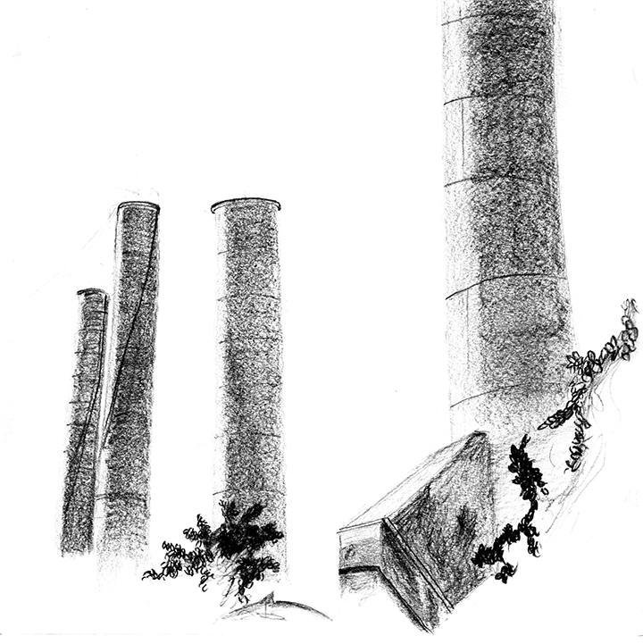 Seaholm Power Plant Stacks - Graphite on Strathmore 8"x8"