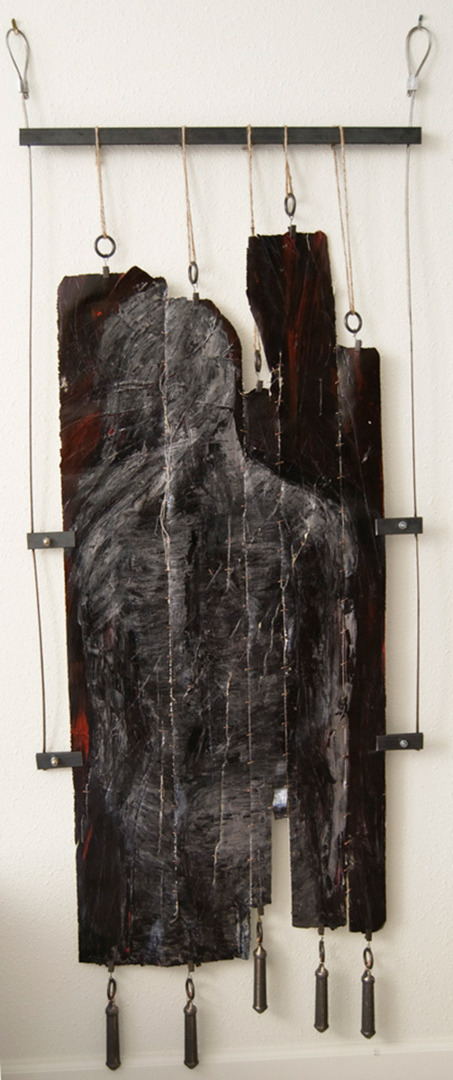 The Poet. 2010. painting strips, copper, steel, clock weights. 60" x 26"