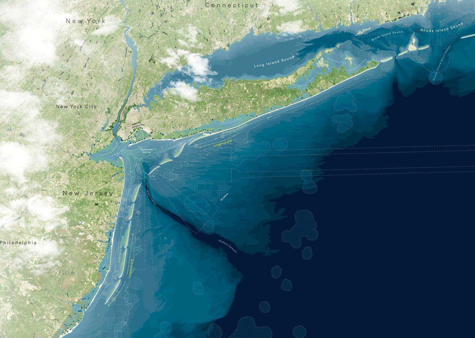 The Blue Dunes project shows barrier islands in front of the coast of New York and New Jersey. Aerial illustration by Janneke Eggink, image courtesy of West8 and WXY.