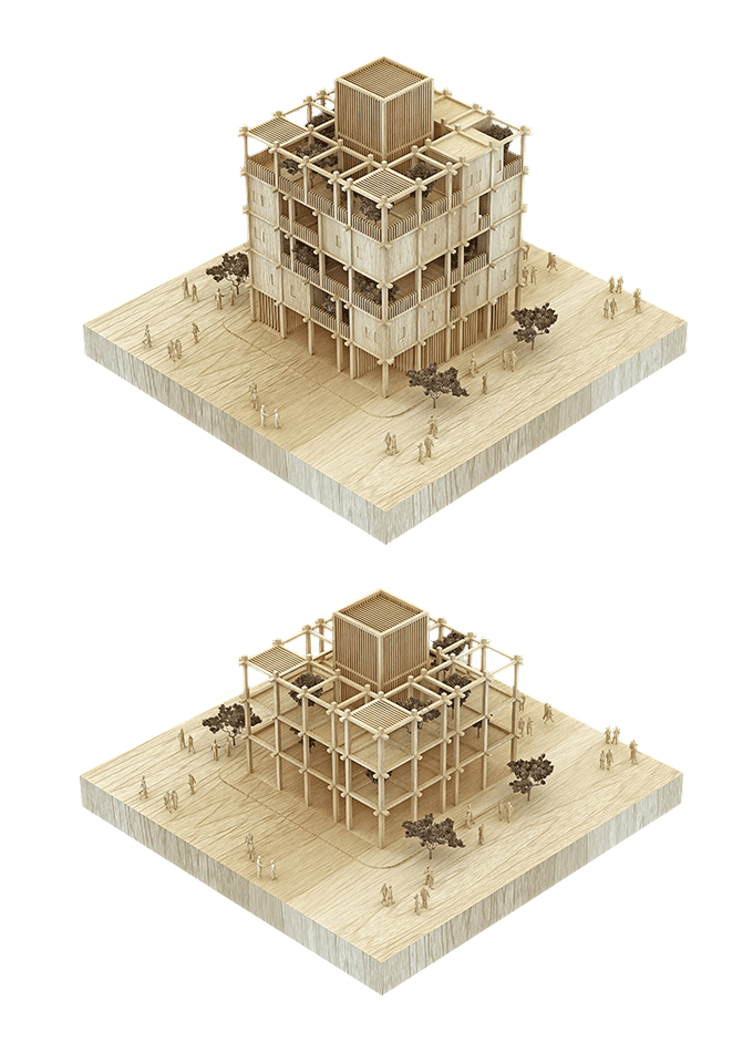 wooden model render of modular architecture, shelter making by Design and More International