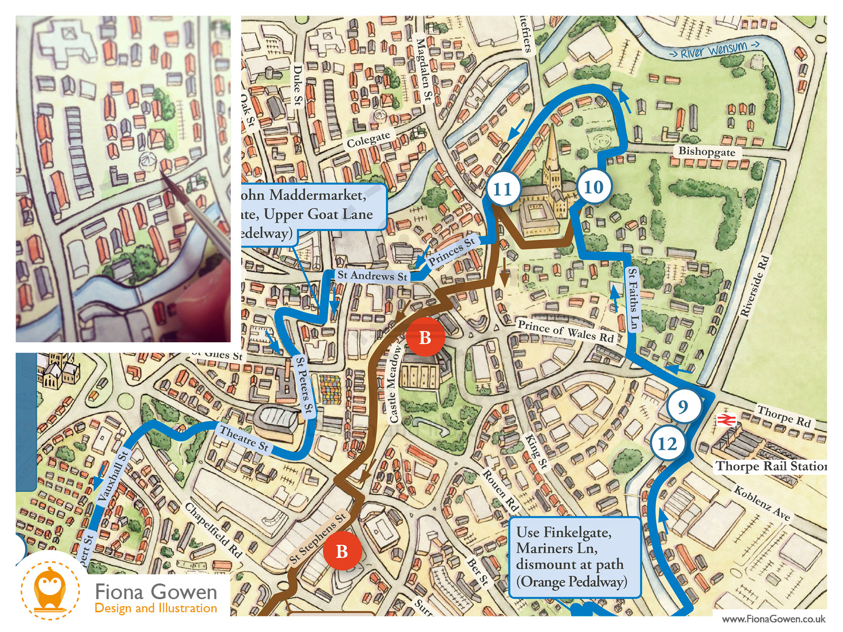 Edith Cavell Norwich cycle map illustration by Norwich map illustrator Fiona Gowen. Inset Fiona painting the illustrated map using Watercolours.